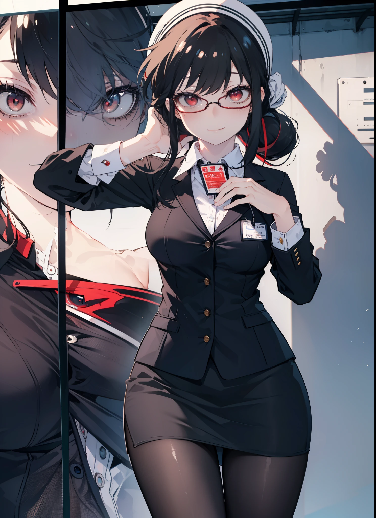 score_9,score_8_up,score_7_up,<lora:earknights_all:1>,1girl, texas_\(arknights\), solo, sitting, expressionless, black_hair, long_hair, ponytail, large_breasts, official_alternate_costume, sunglasses, skindentation, absurdres, highres, bad_id, bad_pixiv_id, black_jacket, black_shorts, closed_mouth, collared_shirt, commentary_request, crossed_legs, green_necktie, grey_background, hair_between_eyes, long_sleeves, looking_at_viewer, orange_eyes, red_gloves, texas_\(willpower\)_\(arknights\), thigh_strap, two-tone_background, unworn_eyewear, white_background, wolf_ears