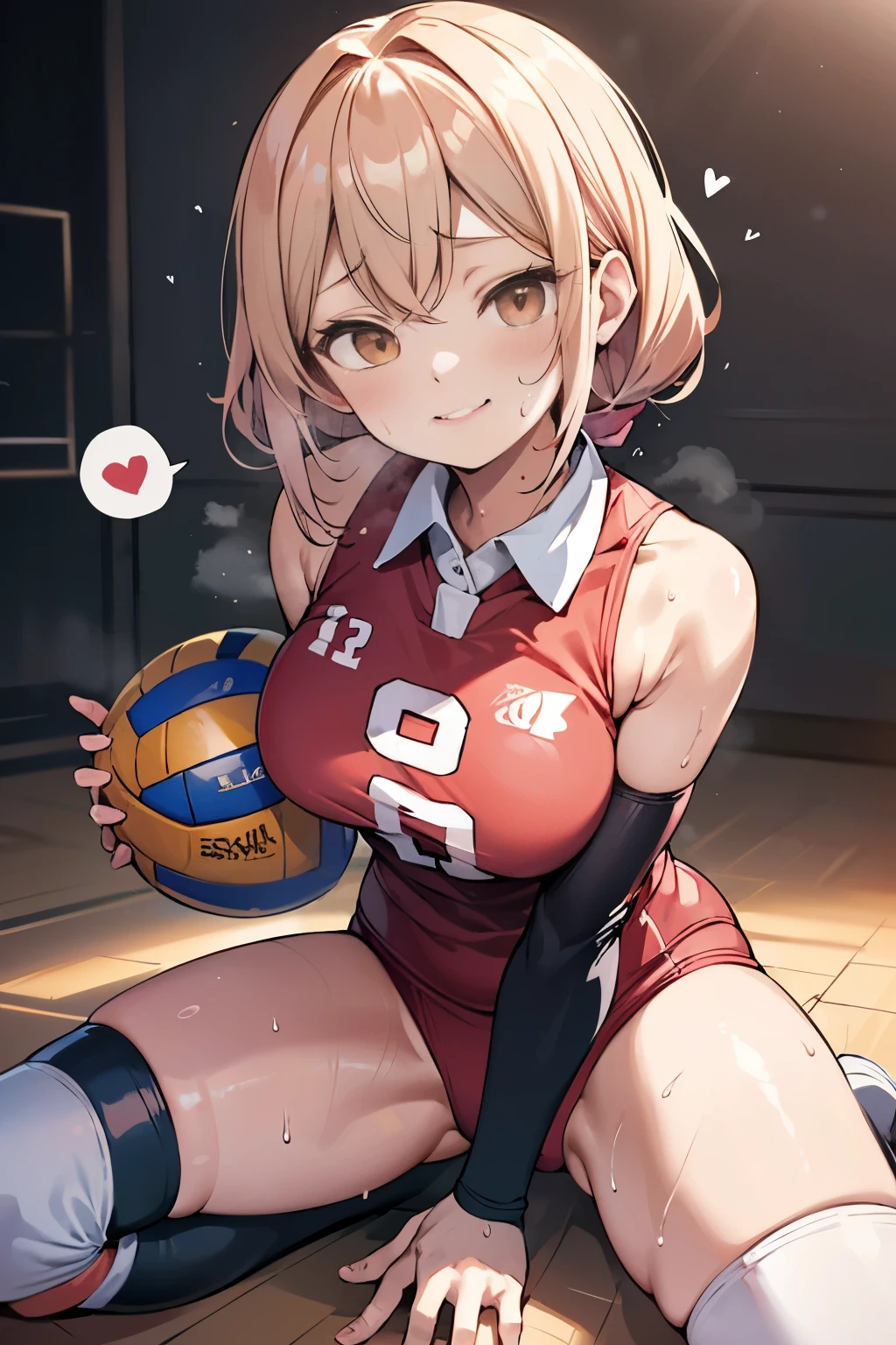 unity 8k wallpaper, anatomically correct, (((masterpiece))), (((best quality))), (((ultra detailed))), (((high-resolution))), ((Ultimate cutie)), perfect hands, perfect finger, (((good anatomy))), detailed beautiful face, shiny hair, (((gyaru))), (potbelly), (curvy), medium breasts, ((Thick thighs)), (((solo))), ((seductive smile)), (((blush))),
BREAK, (((sit astride the perfectly spherical shape 6-inch volleyball))), (((Straddling a perfectly spherical 6" volleyball))), (((Perfectly spherical 6" volleyball fits perfectly crotch))), BREAK, (((Rub the Perfectly spherical 6" volleyball against crotch))),
BREAK, (Collared volleyball uniforms), sleeveless, ((buruma)), ((kneepad)), pussy juice stained, (elbow pad), (((sweat))), (((covered in sweat))), ((deep breathing)), in Volleyball Court, indoor, lighting, looking at viewer, full body, (spoken heart)