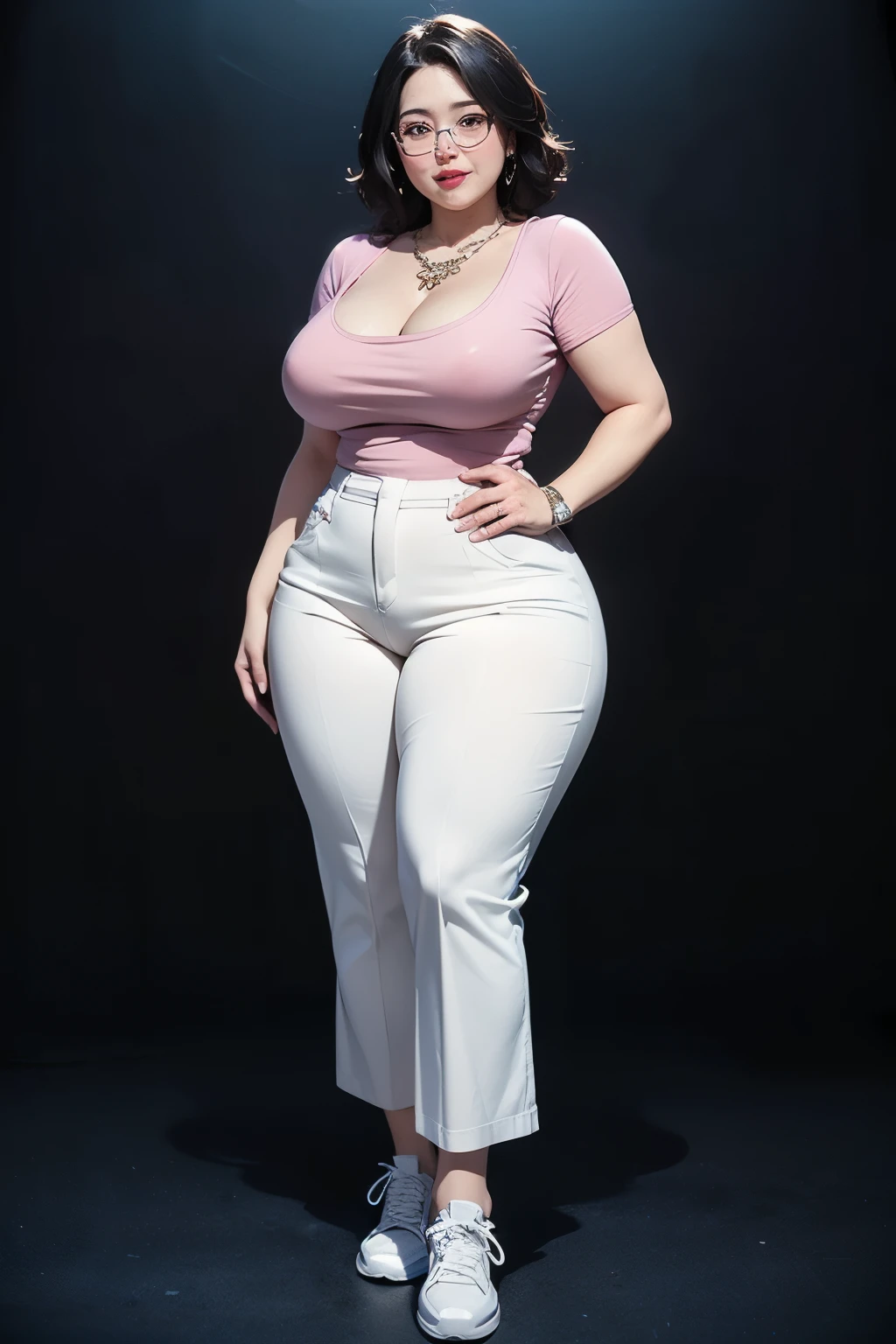 ((best quality)), ((masterpiece)), (detailed), perfect face, chubby woman, chubby face , chubby girl , widest hips , fat belly , thick neck ,, thicc , thick body , thick thighs , thick arm, small breasts but her body is a chubby, full body view, dark-black room, black bokeh background, thight dress, wearing sneakers, short hairstyle, diamond necklace, wearing a watch, tall woman, restore face, white skin , longest thight pants , glasses , cold vibes, , 4k resolution, japanese goddess,voluptuous
