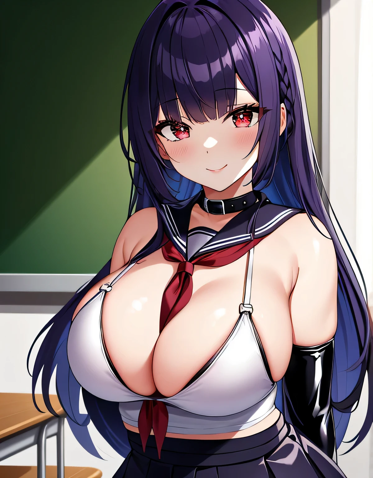 Purple hair,semi-long hair,red eyes,School,classroom,bare shoulders,collar,(latex),((black pvc serafuku)),black pvc pleated skirt,garter strap,(Sensitive smile:1.2),shiny skin,鈍い前hair,(big breasts:1.5),shiny,hair,((alone)),((masterpiece)),((highest quality)),perfect anatomy,slim waist,perfect image,8K UHD,(beautiful and fine eyes:1.3),highly detailed face,Are standing,(Upper body:1.1),(look ahead:1.1),back arm,super detailed,disorganized,High resolution,