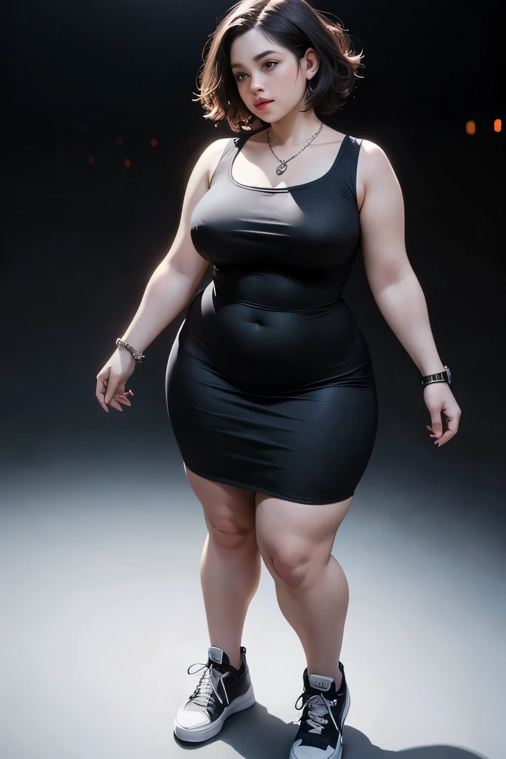 ((best quality)), ((masterpiece)), (detailed), perfect face, chubby woman, chubby face , chubby girl , widest hips , fat belly , thick neck ,, thicc , thick body , thick thighs , thick arm, small breasts but her body is a chubby, full body view, dark-black room, black bokeh background, thight dress, wearing sneakers, short hairstyle, diamond necklace, wearing a watch, tall woman,