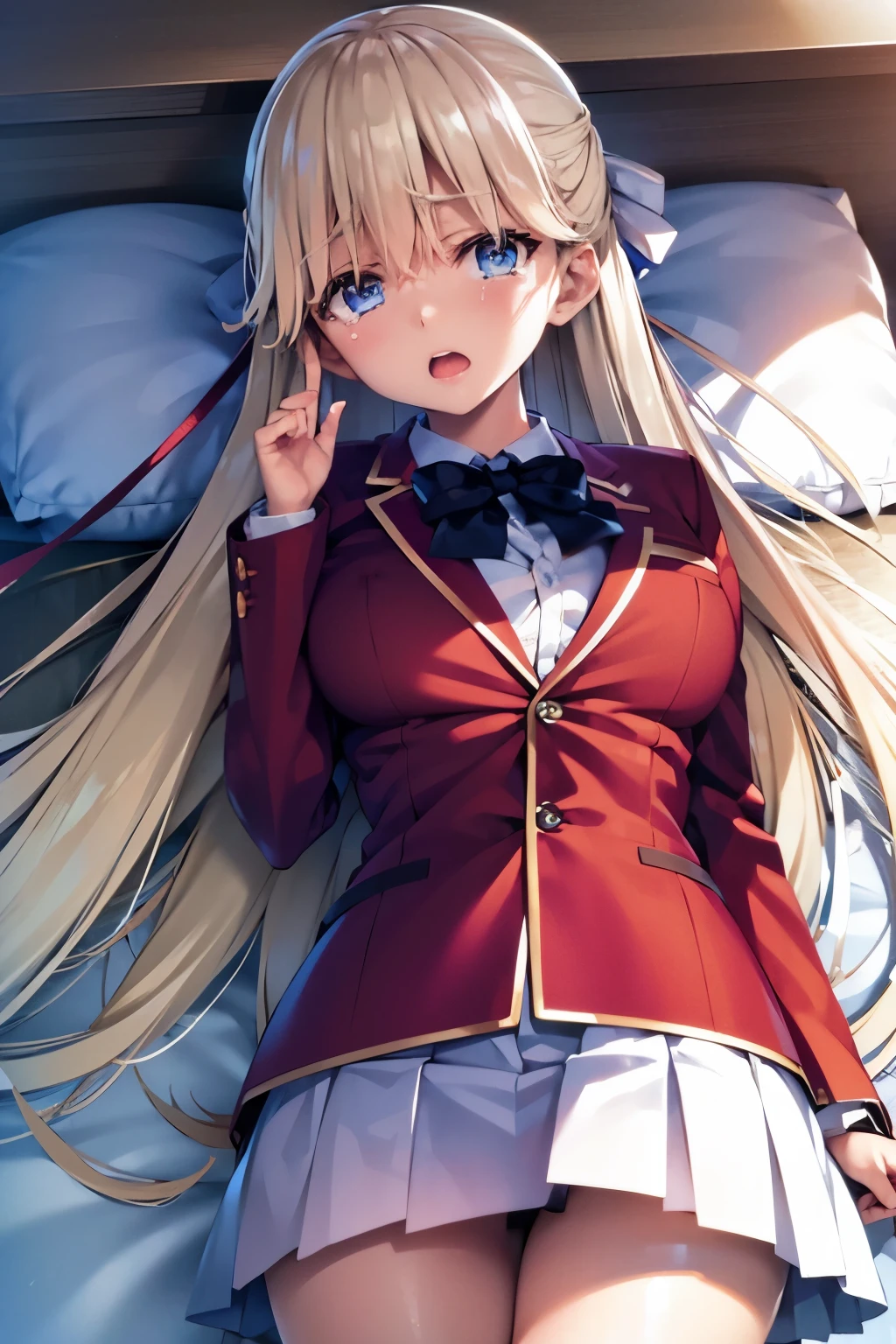 vmasterpiece, top-quality, highres, 1girl tsubasa nanase blonde hair blue eyes, school uniform red jacket white shirt white skirt white ribbon 、looking at the viewers,BREAK (masutepiece:1.2), Best Quality, High resolution, Unity 8k壁纸, (Illustration:0.8), (Beautiful detailed eyes:1.6), extra detailed face, Perfect Lighting, extremely details CG, (Perfect hands, Perfect Anatomy), (Crying face:1.3)、 NSFW,Normal bit,(Missionary position),Lying in bed,bird’s eye view),(Spread legs),(Sleep on your back:1.5),(Girl trembling with sexual climax)