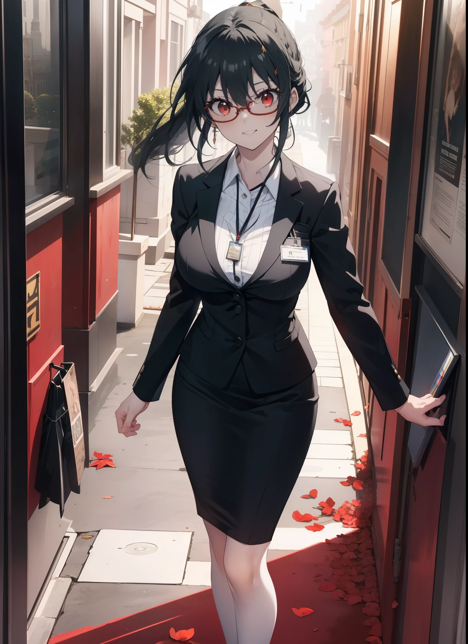 Yorubria Ratata, you missed the thorns, bangs, hair band, (red eyes:1.5), black hair,long hair,ponytail, smile, big breasts, OL, red glasses, Fundo, black suit jacket, collared jacket, white dress shirt, collared shirt, neckline, button, strap, ID card on neck, black pencil skirt, black pantyhose, stiletto heels,Asahi,朝
break outdoors,In town ,
break looking at viewer, whole body,looking down from above,(cowboy shot:1.5),
break (masterpiece:1.2), highest quality, High resolution, unity 8k wallpaper, (figure:0.8), (beautiful and fine eyes:1.6), highly detailed face, perfect lighting, Very detailed CG, (perfect hands, perfect anatomy),