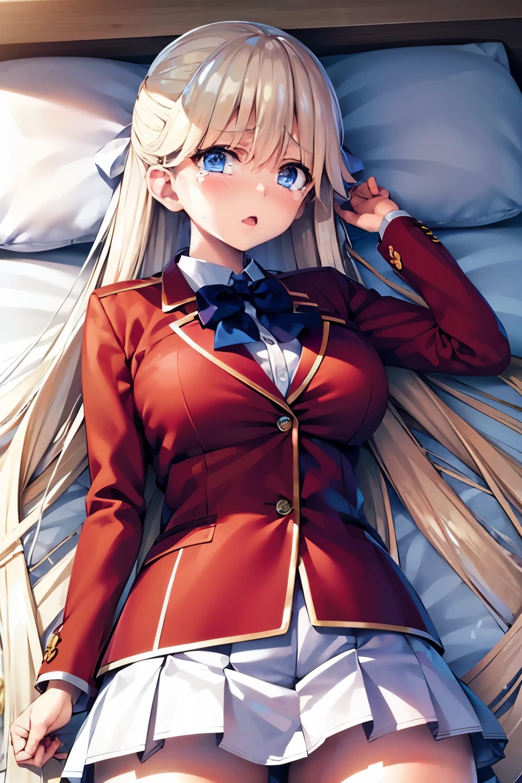 vmasterpiece, top-quality, highres, 1girl tsubasa nanase blonde hair blue eyes, school uniform red jacket white shirt white skirt white ribbon 、looking at the viewers,BREAK (masutepiece:1.2), Best Quality, High resolution, Unity 8k壁纸, (Illustration:0.8), (Beautiful detailed eyes:1.6), extra detailed face, Perfect Lighting, extremely details CG, (Perfect hands, Perfect Anatomy), (Crying face:1.3)、 NSFW,Normal bit,(Missionary position),Lying in bed,bird’s eye view),(Spread legs),(Sleep on your back:1.5),(Girl trembling with sexual climax)