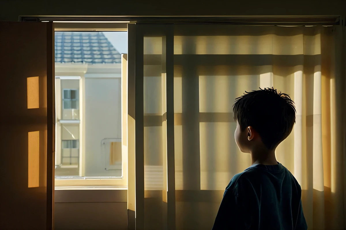 １１Photo of a 1-year-old boy looking outside from inside his room。profile。Morning light shines into the room。