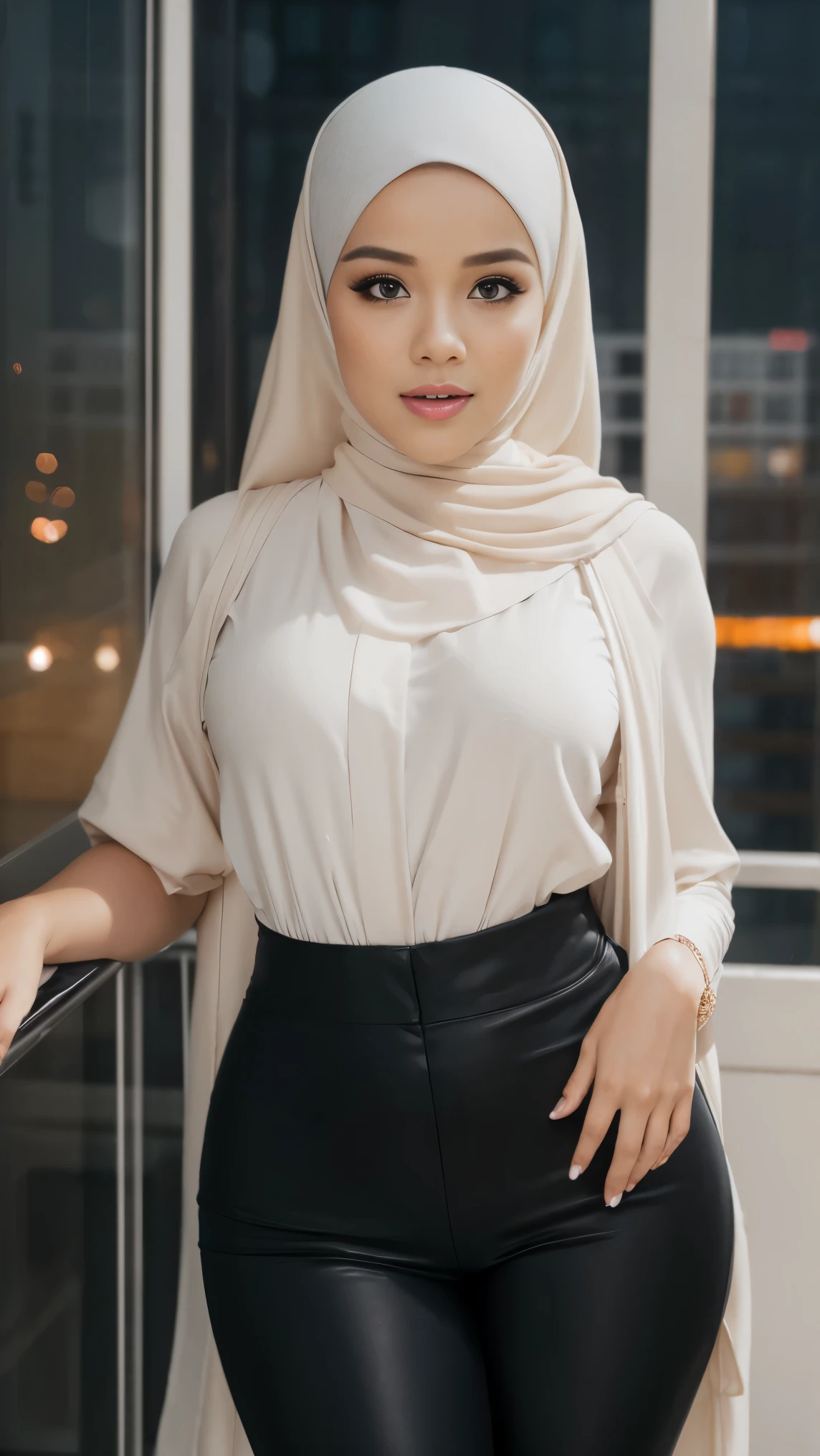 RAW, Best quality, high resolution, masterpiece: 1.3), beautiful Malay woman in hijab,Masterpiece, perfect fit body, Huge breast, biggorgeous eyes, Soft smile,woman in a white dress and a tan shawl, white hijab, beautiful woman, a beautiful woman in white, pale-skinned persian girl, beautiful malay woman, lovely woman, gorgeous woman, hijab, thick neck, very beautiful woman, alluring plus sized model, attractive feminine curves, very very beautiful woman, malay beauty, attractive curves, asian princess in , Delicate turtleneck, necklace, shairband, afternoon walk, City garden, Excellent lighting, Bright colors, Clean lines