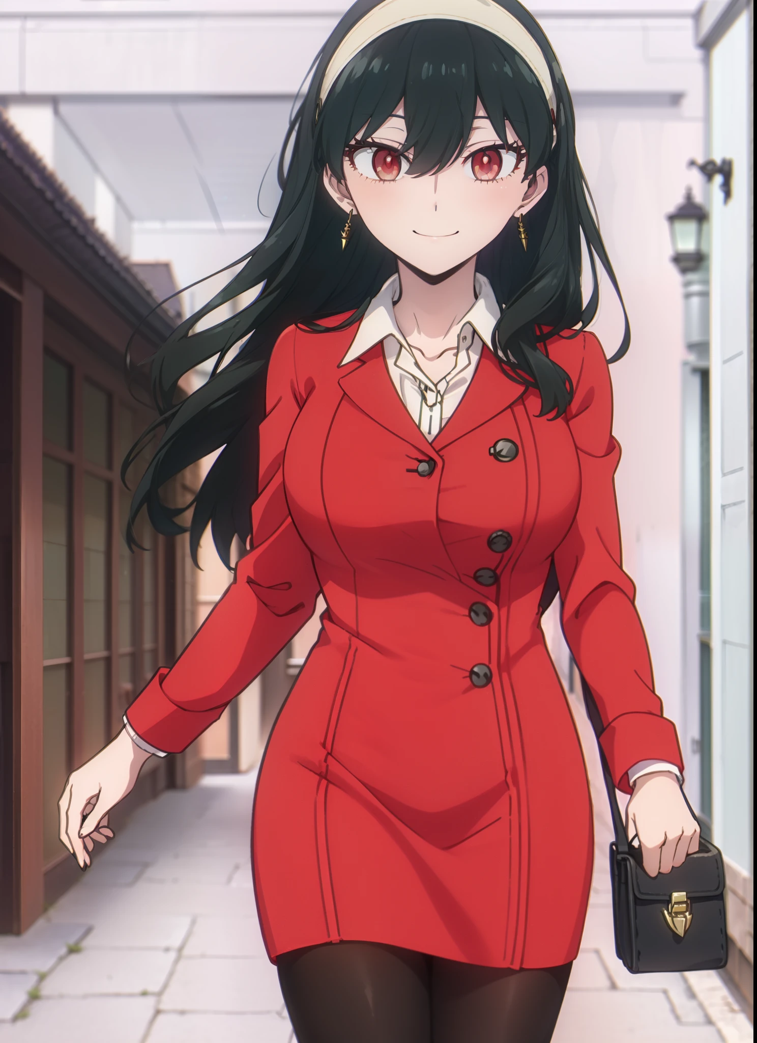 Yorubria Ratata, you missed the thorns, bangs, hair band, (red eyes:1.5), black hair,long hair, smile, big breasts, OL, red glasses, Fundo, black suit jacket, collared jacket, white dress shirt, collared shirt, neckline, button, strap, ID card on neck, black pencil skirt, black pantyhose, stiletto heels,morning日,morning,business bag,
break outdoors,In town ,
break looking at viewer, whole body,(cowboy shot:1.5),
break (masterpiece:1.2), highest quality, High resolution, unity 8k wallpaper, (figure:0.8), (beautiful and fine eyes:1.6), highly detailed face, perfect lighting, Very detailed CG, (perfect hands, perfect anatomy),