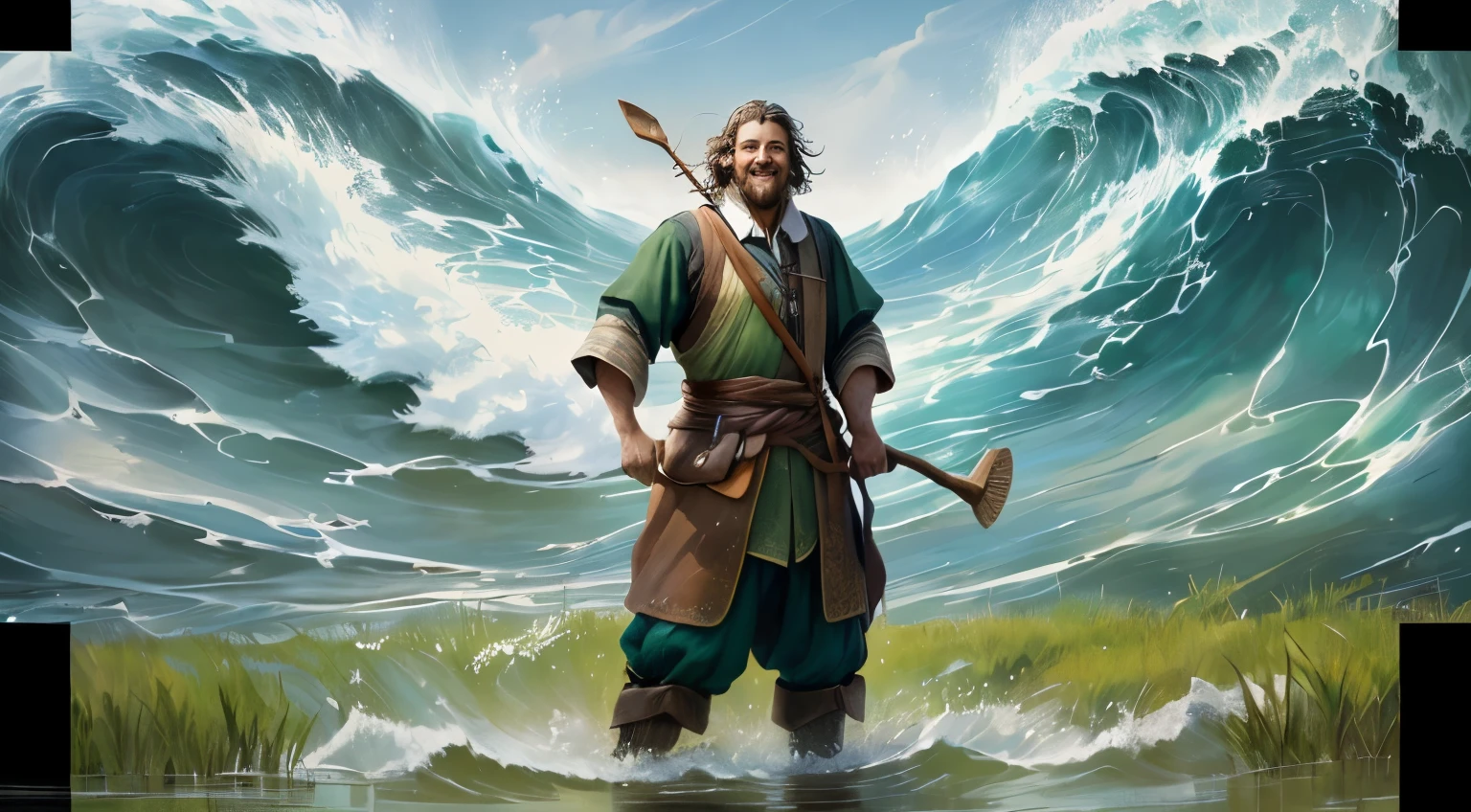 A man with arms wide open in the middle of the grass. A stream flowing, tall waves of water behind him. He has a happy expression, holding a wooden staff in his left hand, as a strong wave approaches near him