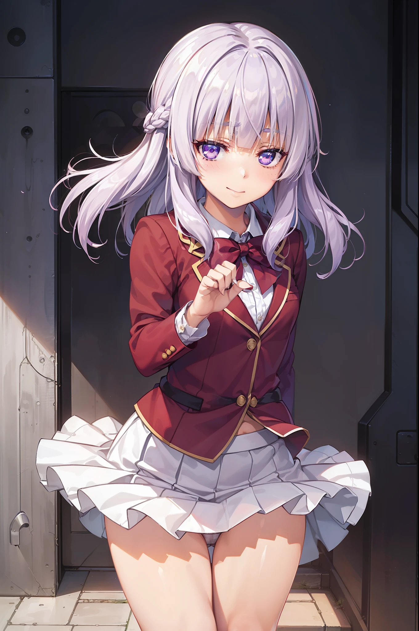 ((masutepiece, Best Quality, hight resolution, Perfect Pixel, 4K))), 1girl in, Single, Solo, Beautie、 ((Middle Wave Hair, Bangs, purple hair)), ((purple-eyed, Beautiful eyelashes, Realistic eyes)), ((Detailed face, Blushing:1.2)), ((Smooth texture:0.75, Realistic texture:0.65, Photorealistic:1.1, Anime CG style)), small breasts, Dynamic Angle, Perfect body, ((red bowtie, School uniform, White shirt, Black skirt, plaid skirts)), City staircase、Looking up from the bottom of the stairs、Very embarrassing panic smile, turned around、bending forward、(The wind flipped my skirt and exposed my butt........................、Touching the buttocks with both hands、Pink floral lace panties)、