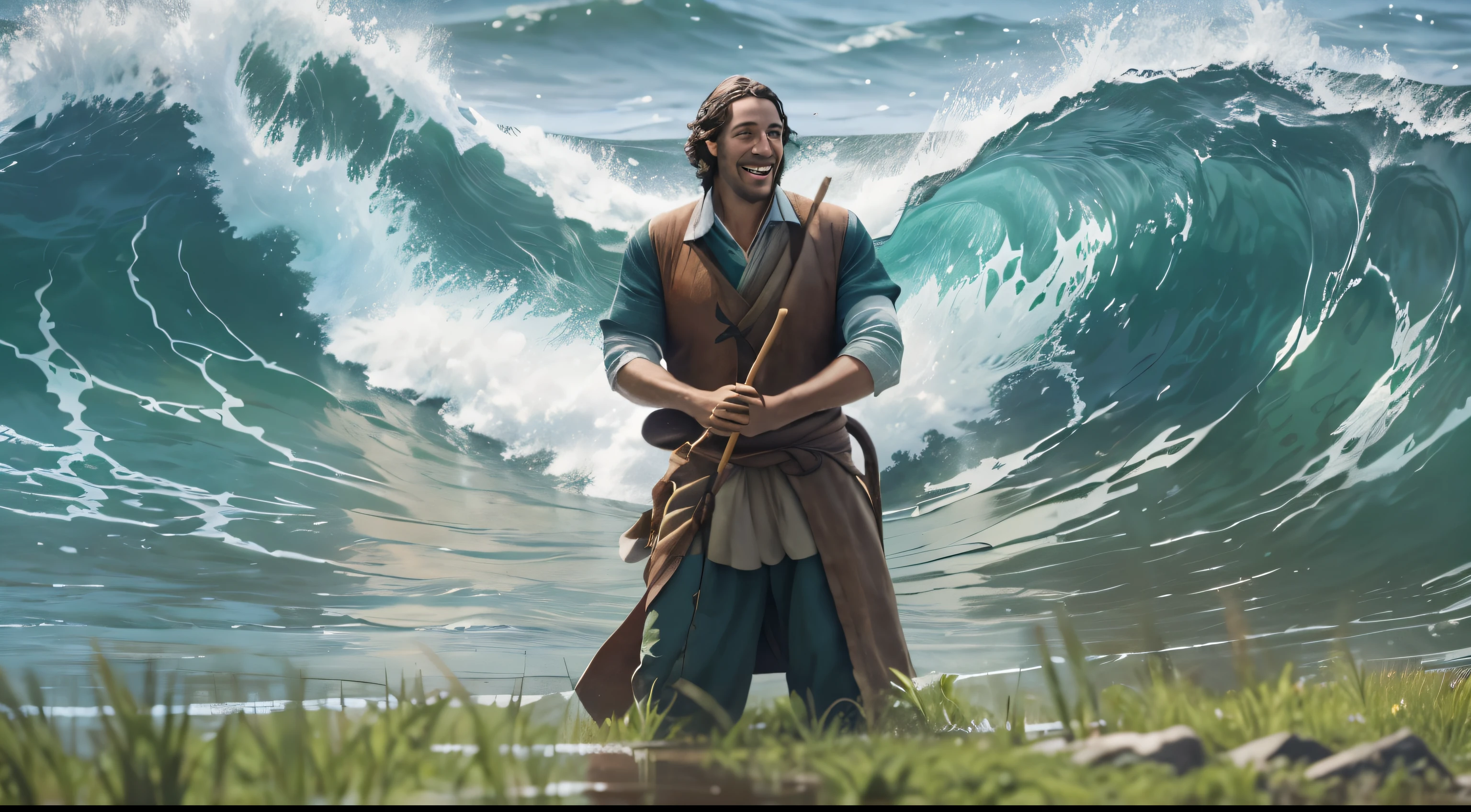 A man with his arms open in the middle of the grass. A flowing stream, high waves of water behind him. He has a happy expression, holding a wooden staff in his left hand, conforme uma onda forte se aproxima dele