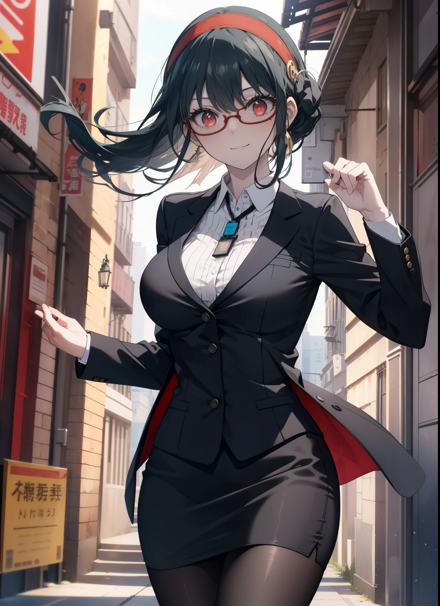 Missing Yoruba, you missed the thorns, bangs, hair band, (red eyes:1.5), black hair,long hair, smile, big breasts, OL, red glasses, Fundo, black suit jacket, collared jacket, white dress shirt, collared shirt, neckline, button, strap, ID card on the neck, black pencil skirt, black pantyhose, stiletto heels,Chaoyang,朝
break outdoors,city ,
break looking at viewer, whole body,(cowboy shot:1.5),
break (masterpiece:1.2), highest quality, High resolution, unity 8k wallpaper, (shape:0.8), (beautiful and detailed eyes:1.6), highly detailed face, perfect lighting, Very detailed CG, (perfect hands, perfect anatomy),