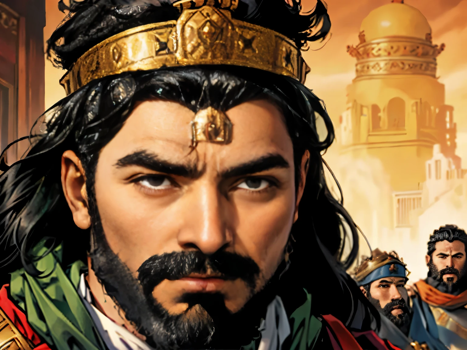 a king with a beard and black hair with a crown on his head looking forward. In the background there is another king looking forward.