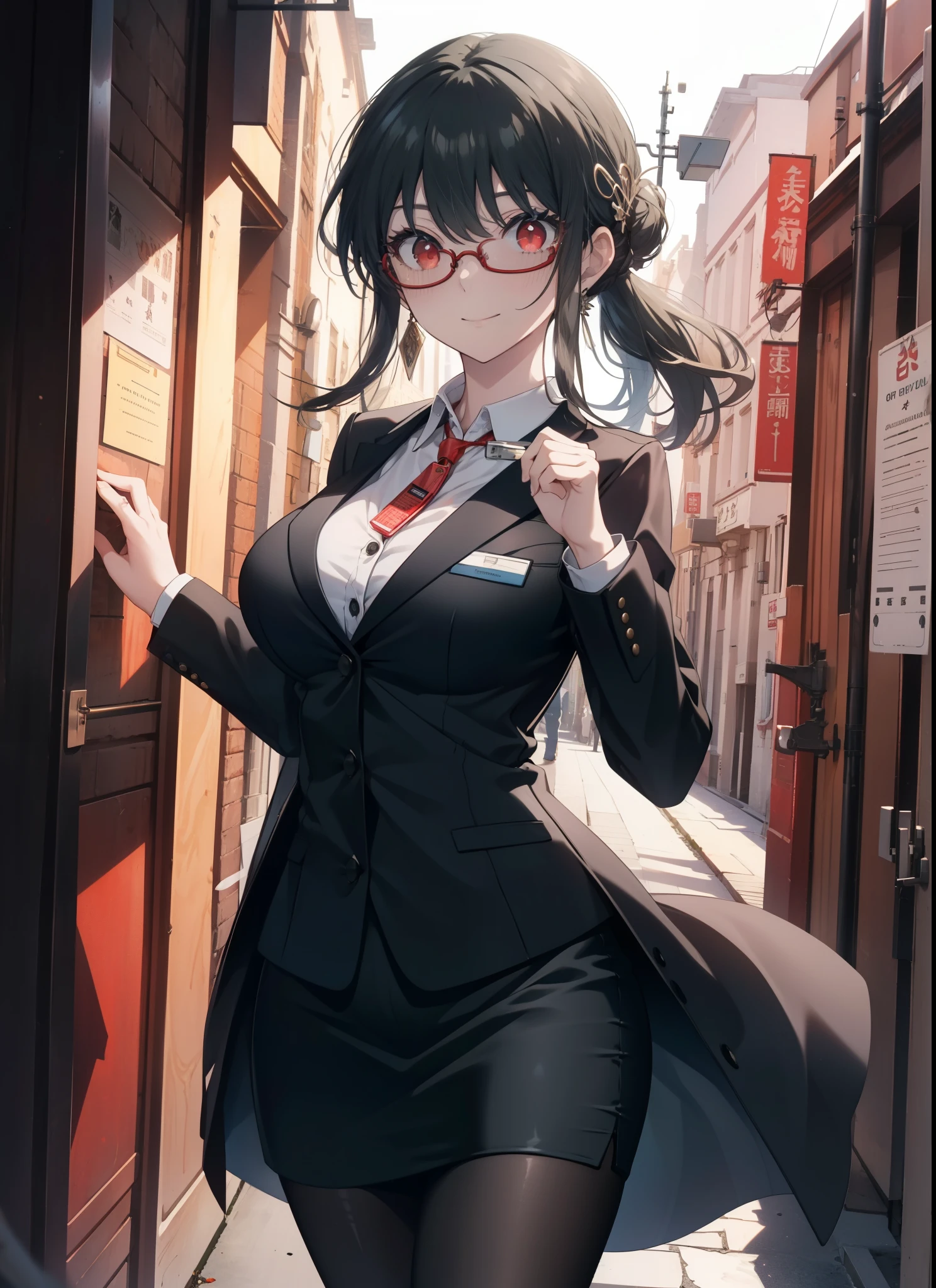 Missing Yoruba, you missed the thorns, bangs, hair band, (red eyes:1.5), black hair,long hair, smile, big breasts, OL, red glasses, Fundo, black suit jacket, collared jacket, white dress shirt, collared shirt, neckline, button, strap, ID card on the neck, black pencil skirt, black pantyhose, stiletto heels,Chaoyang,朝
break outdoors,city ,
break looking at viewer, whole body,(cowboy shot:1.5),
break (masterpiece:1.2), highest quality, High resolution, unity 8k wallpaper, (shape:0.8), (beautiful and detailed eyes:1.6), highly detailed face, perfect lighting, Very detailed CG, (perfect hands, perfect anatomy),