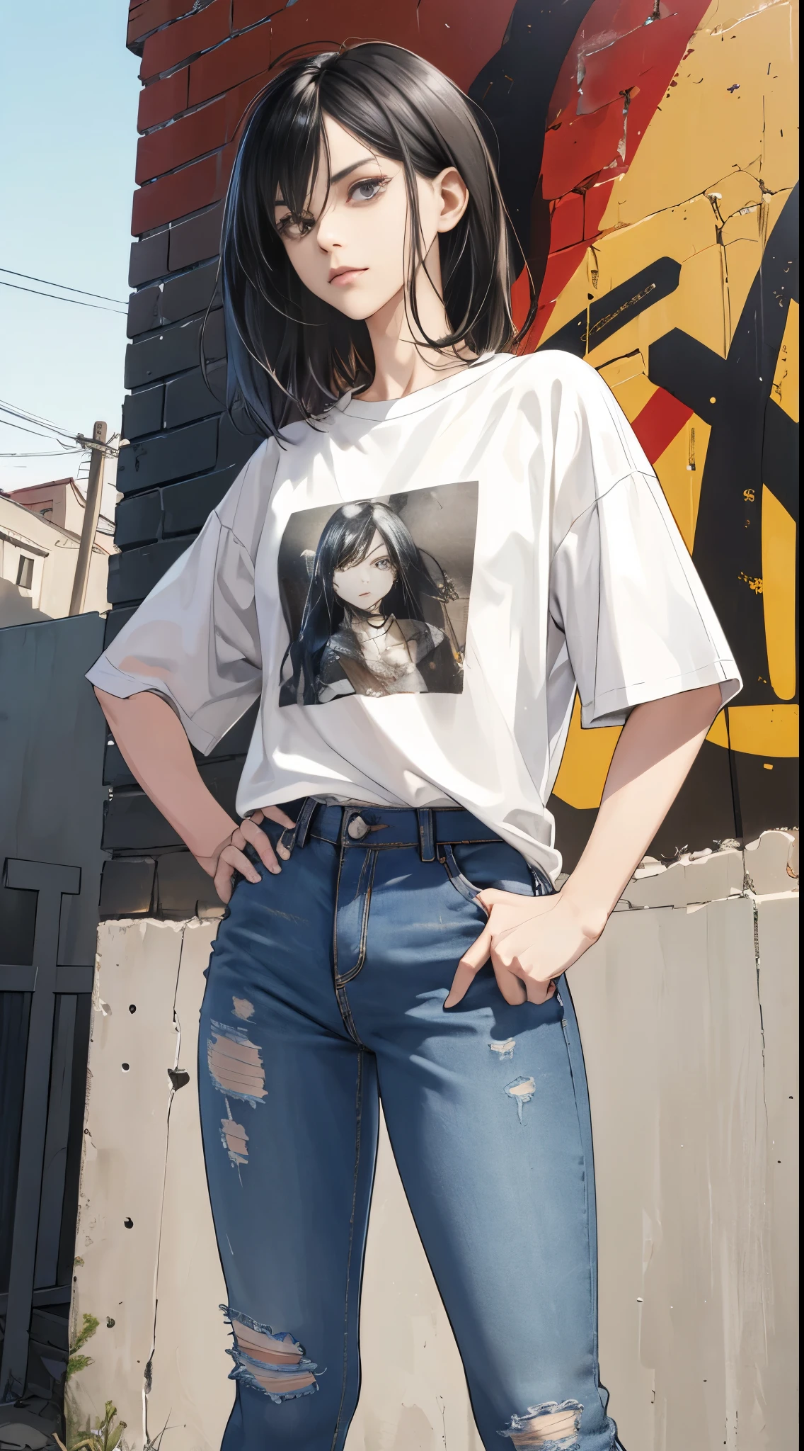 (ultra-detailed, realistic rendering), Erma in her origin story, wearing a pair of well-worn jeans with fades and tear details, and a simple, yet fitting t-shirt that accentuates her lean physique, (high resolution: 1.4), with intricate stitching and fine fabric texture visible, Erma's determined expression etched on her face, standing in a neutral pose, hands on hips, against a backdrop of a graffiti-filled urban alley, creating a gritty and intense atmosphere.