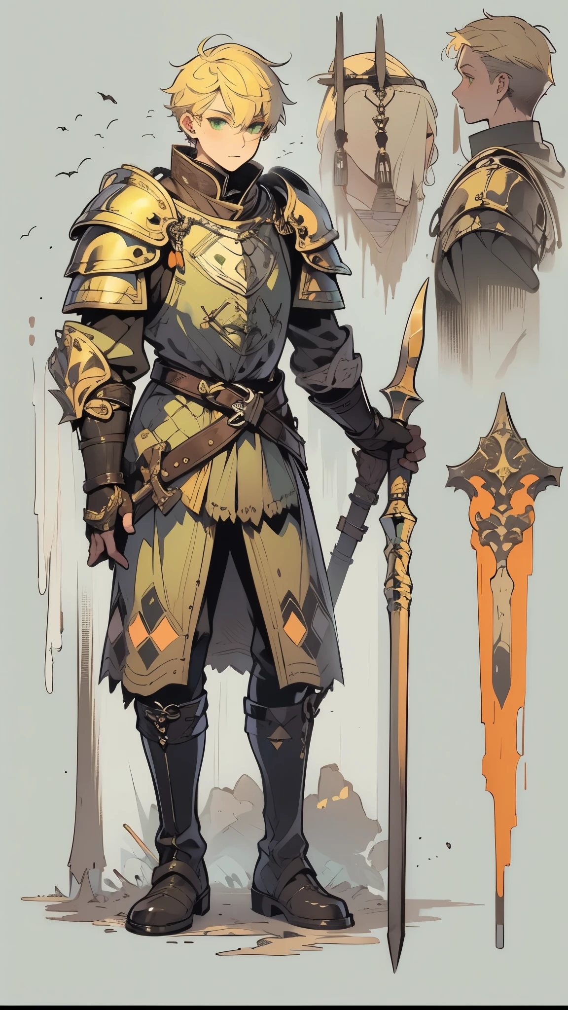 character design sheet, medieval tall male adult knight, steel cuirass, leather boots, short yellow hair, green eyes, tired expression, holding a spear