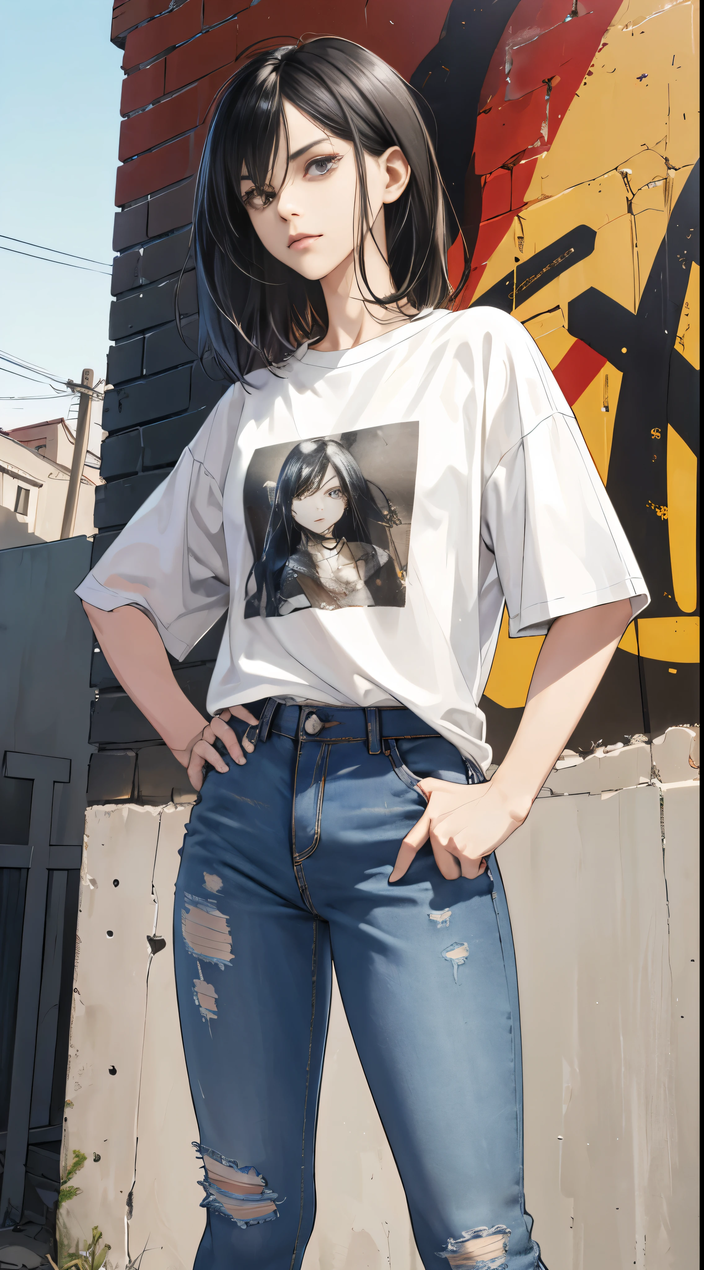 (ultra-detailed, realistic rendering), Erma in her origin story, wearing a pair of well-worn jeans with fades and tear details, and a simple, yet fitting t-shirt that accentuates her lean physique, (high resolution: 1.4), with intricate stitching and fine fabric texture visible, Erma's determined expression etched on her face, standing in a neutral pose, hands on hips, against a backdrop of a graffiti-filled urban alley, creating a gritty and intense atmosphere.