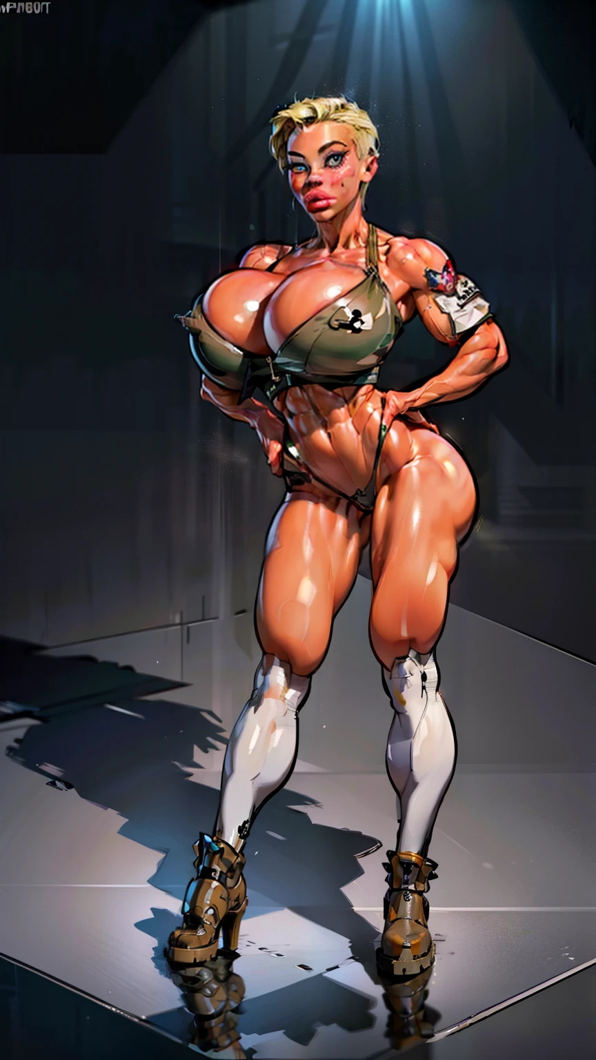 woman, (tomboy haircut:1.3) , blonde, adorned in hues of chrome silver bent down on knees, twerking, metal muscles, emanating a futuristic elegance and technological marvel, armor pump boots, chrome reflective bra, (gigantic breasts:1.5), ((muscular)), small armband, exposed midriff, detailed eyes, ((slendered abs )),( wide hips:1.5), slender abs,rim lighting, side light, ((pirate boots)), cinematic light, ultra high definition, (alerta ocean face), 8k, film grain,best shadow, light particles, detailed skin texture, detailed gem armor texture, detailed face, intricate details, super detailed, bright, spiked heel boots