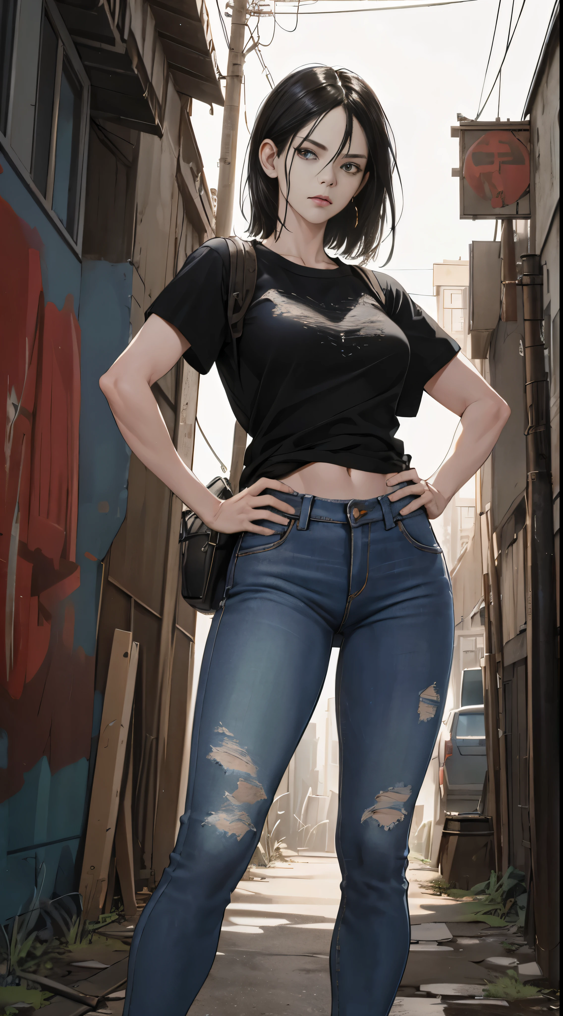 (ultra-detailed, realistic rendering), Erma in her origin story, wearing a pair of well-worn jeans with fades and tear details, and a simple, yet fitting t-shirt that accentuates her lean physique, (high resolution: 1.4), with intricate stitching and fine fabric texture visible, Erma's determined expression etched on her face, standing in a neutral pose, hands on hips, against a backdrop of a graffiti-filled urban alley, creating a gritty and intense atmosphere.