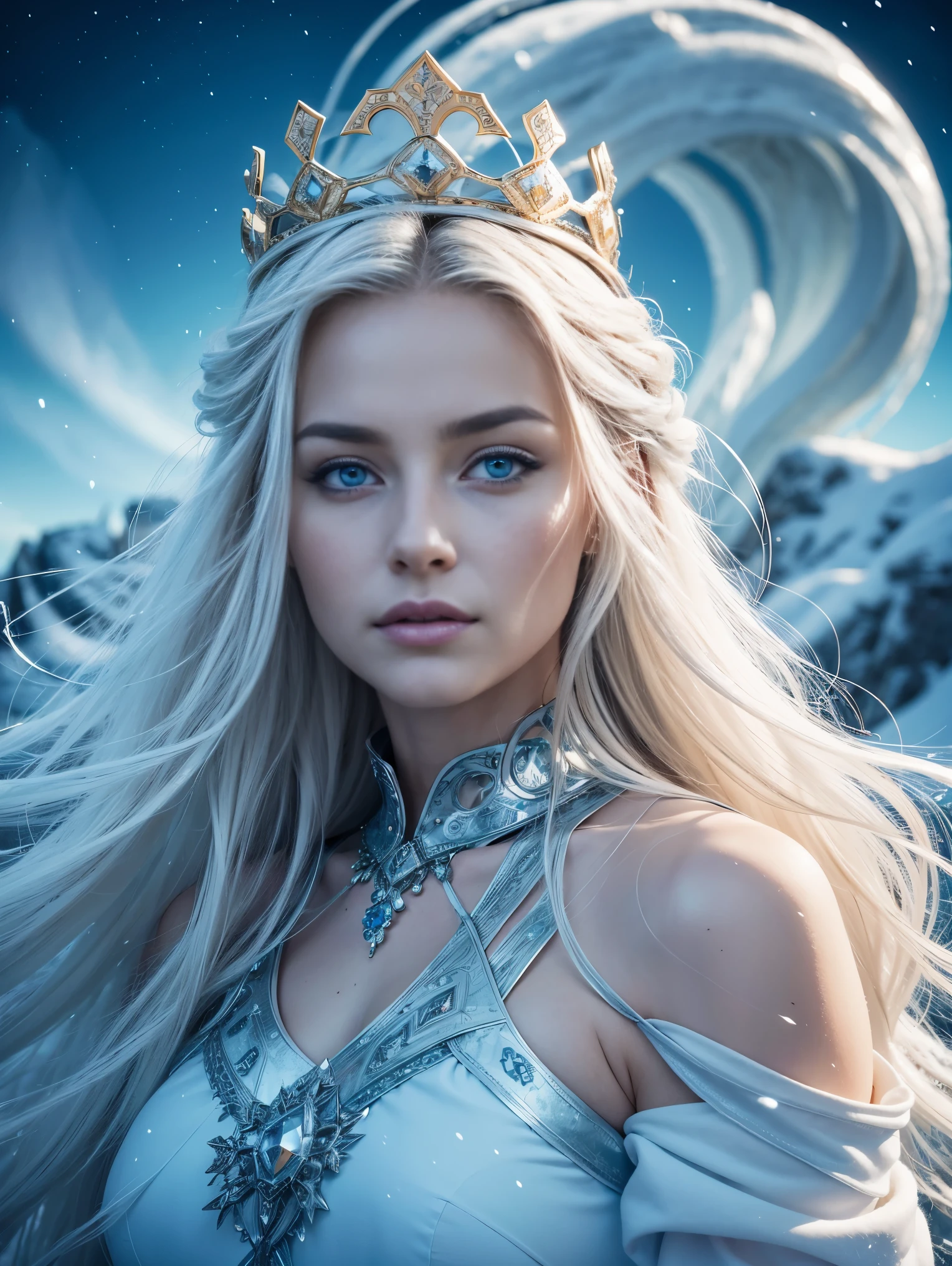majestic and ethereal Nordic goddess with flowing golden hair and a crown of ice and snow, standing proudly on a mountaintop, surrounded by swirling winter winds and shimmering auroras. Her eyes are a piercing icy blue, reflecting her wisdom and power, while her regal white gown billows in the cold air. She emanates an otherworldly beauty and grace, commanding the respect and awe of all who behold her presence.