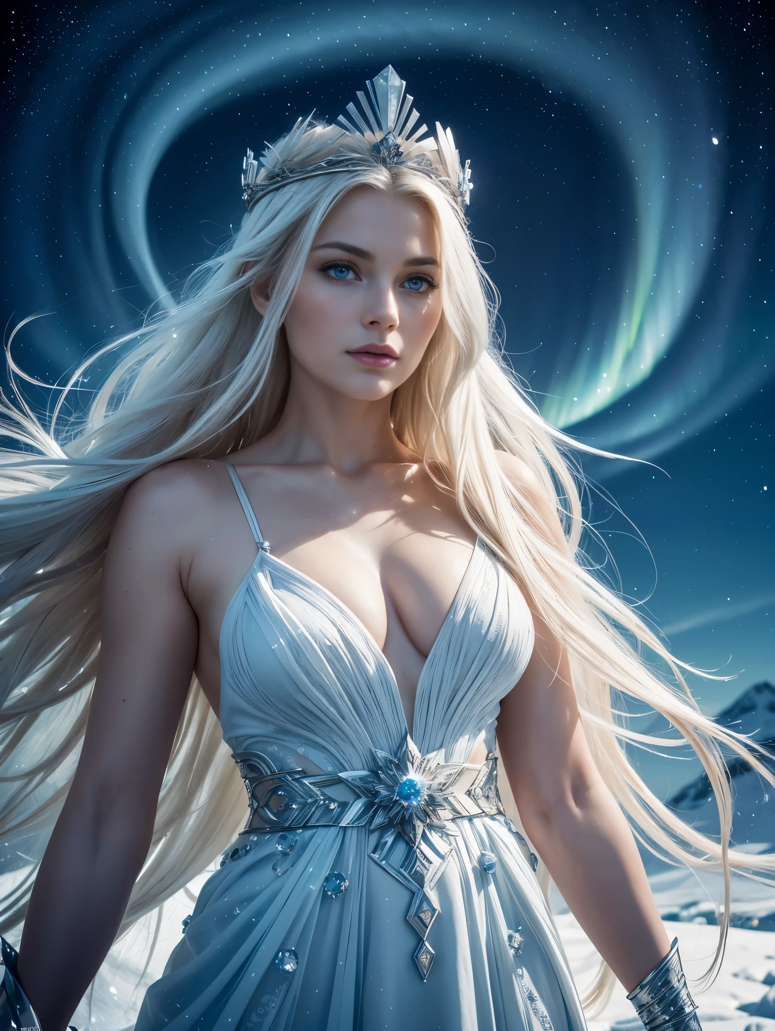 majestic and ethereal Nordic goddess with flowing golden hair and a crown of ice and snow, standing proudly on a mountaintop, surrounded by swirling winter winds and shimmering auroras. Her eyes are a piercing icy blue, reflecting her wisdom and power, while her regal white gown billows in the cold air. She emanates an otherworldly beauty and grace, commanding the respect and awe of all who behold her presence.