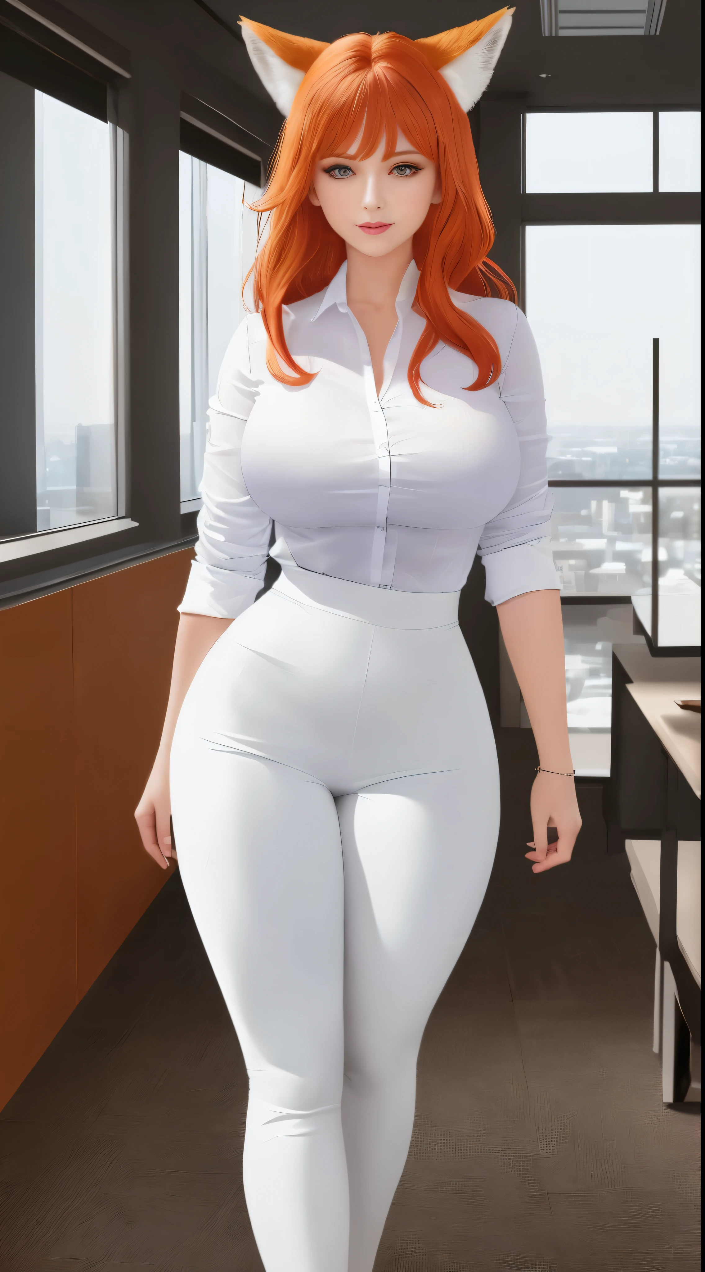 (masterpiece, Best quality), 8K, ultra detailed, realistic photo, Detailed face, perfect lighting, Beautiful eyes, bright orange hair, bright hair, Fox ears, cool legs, side photo, Beautiful, Cute, skin pores, 1 girl, stand in the office, hiking, Office pants, perfect shirt, fully dressed, Beautiful women 30 years old, Beautiful proportions, Russian woman, Caucasian, European, Business lady, stunningly Beautiful woman, mother, thick legs, big breasts, (Thin white shirt:1.4), thick, hot, (White Office Wear:1.4), tight pants, (wide hips:1.2), thick, (white Office pants:1.3), spread your legs, Legs open, Full Length, wide hips, Glasses
