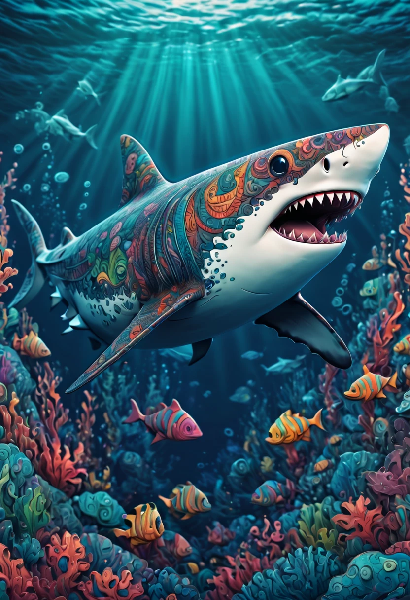(best quality, highres, ultra sharp), magical ,cute shark, in the ocean, zentangle, full colored, 3d crunch,