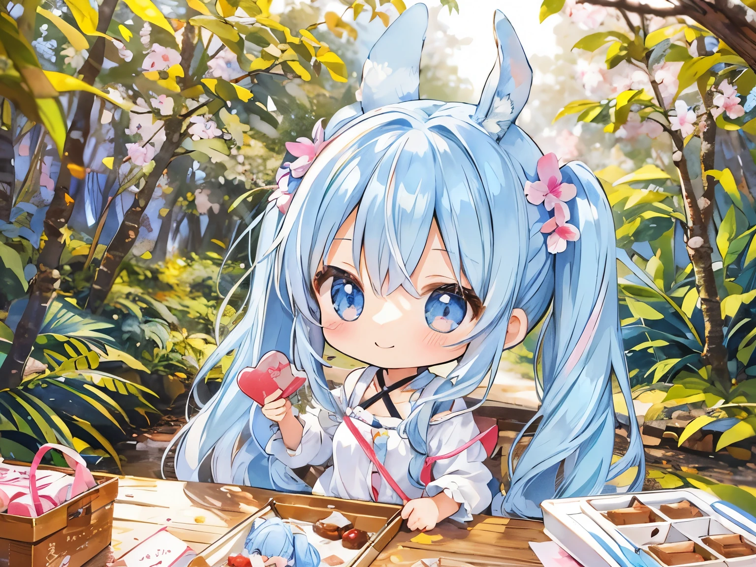 light blue long hair、Chibi character girl with twin tails　Making Valentine&#39;s Day chocolates at a forest cafe surrounded by orchid flowers.　A happy smile　Friends of the forest are gathering　cute squirrels and rabbits　I&#39;m waiting for it to be completed