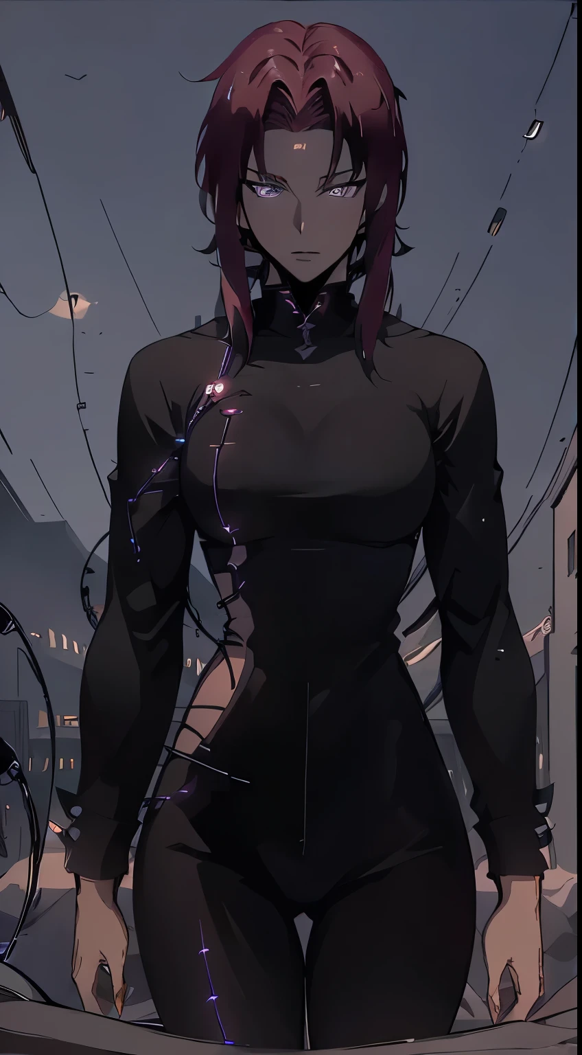 (((masterpiece))), ((best quality)), (ultra-detailed), (CG illustration), (an extremely devious and beautiful)), cinematic light, ((1 tomboy girl)), single, (black leggings:1.4), ((black tank top)), ((hate to the viewer)), expressionless, (wires and cables attached to the head and body: 1.5), science fiction, apocalypse, ruins「daiwa_scarlet_(umamusume), tall, slim, ripped body, muscular, veru short hair, game cg,master piece,red eyes, brown hair ,twintails」(female focus:1.1), mature wman, 28 years old