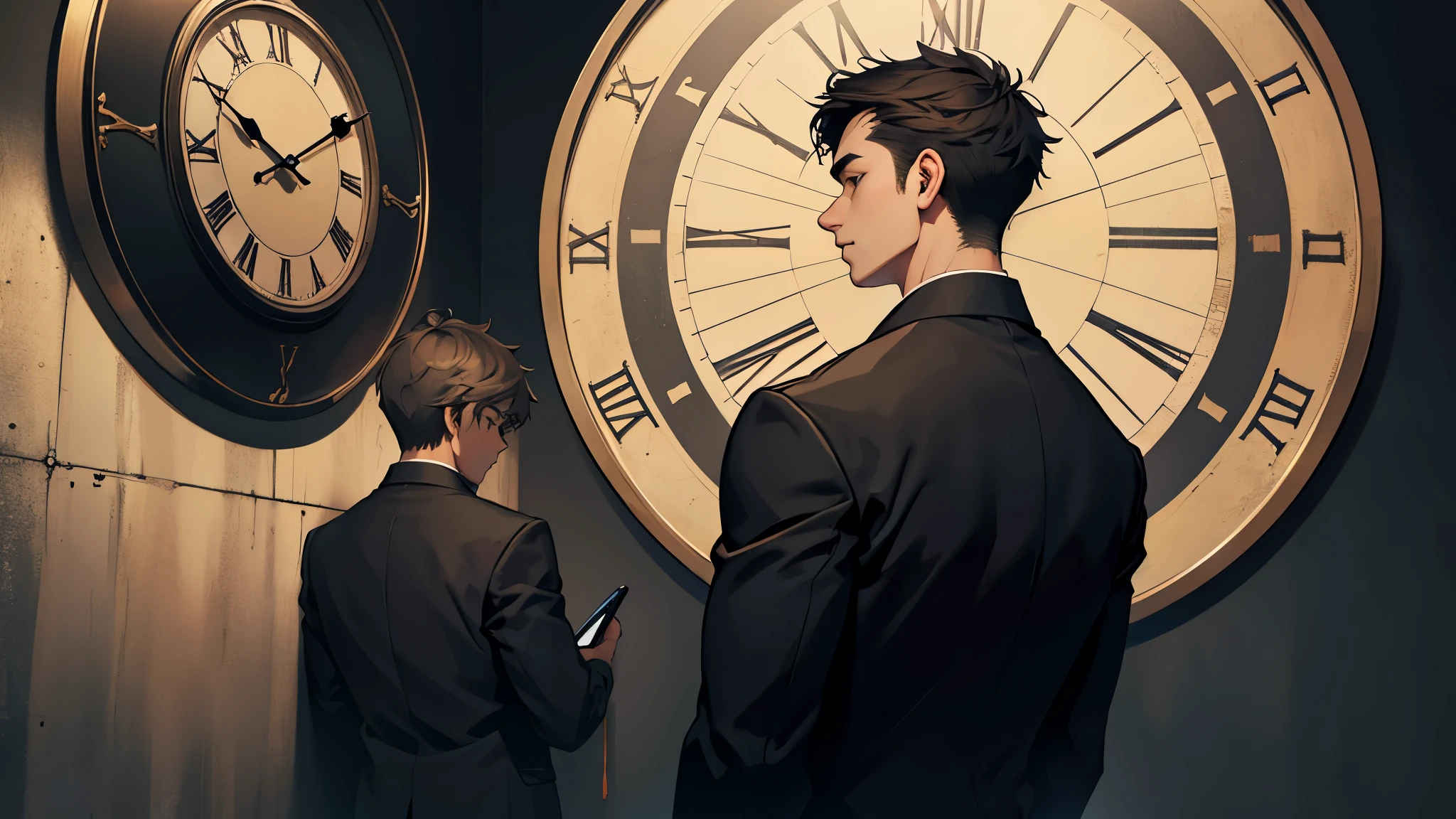 a young man with his back looking at a wall clock, dark background, neutral colors