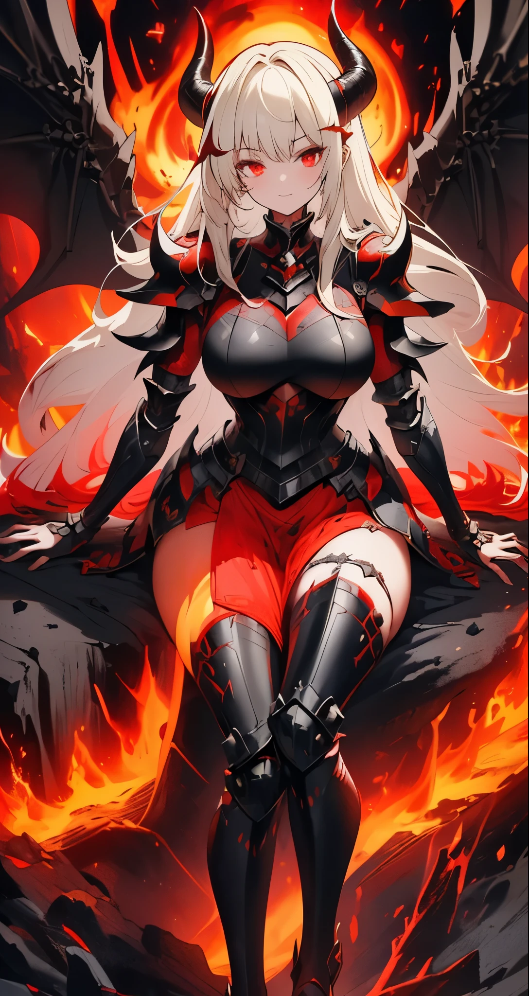 ((best quality)), ((masterpiece)), (detailed), perfect face, 1girl, solo, black and red armour, horns, ashes, molten lava, fire breath, large breasts, black legwear, ultra detailed, highest resolution, best quality, gorgeous lady