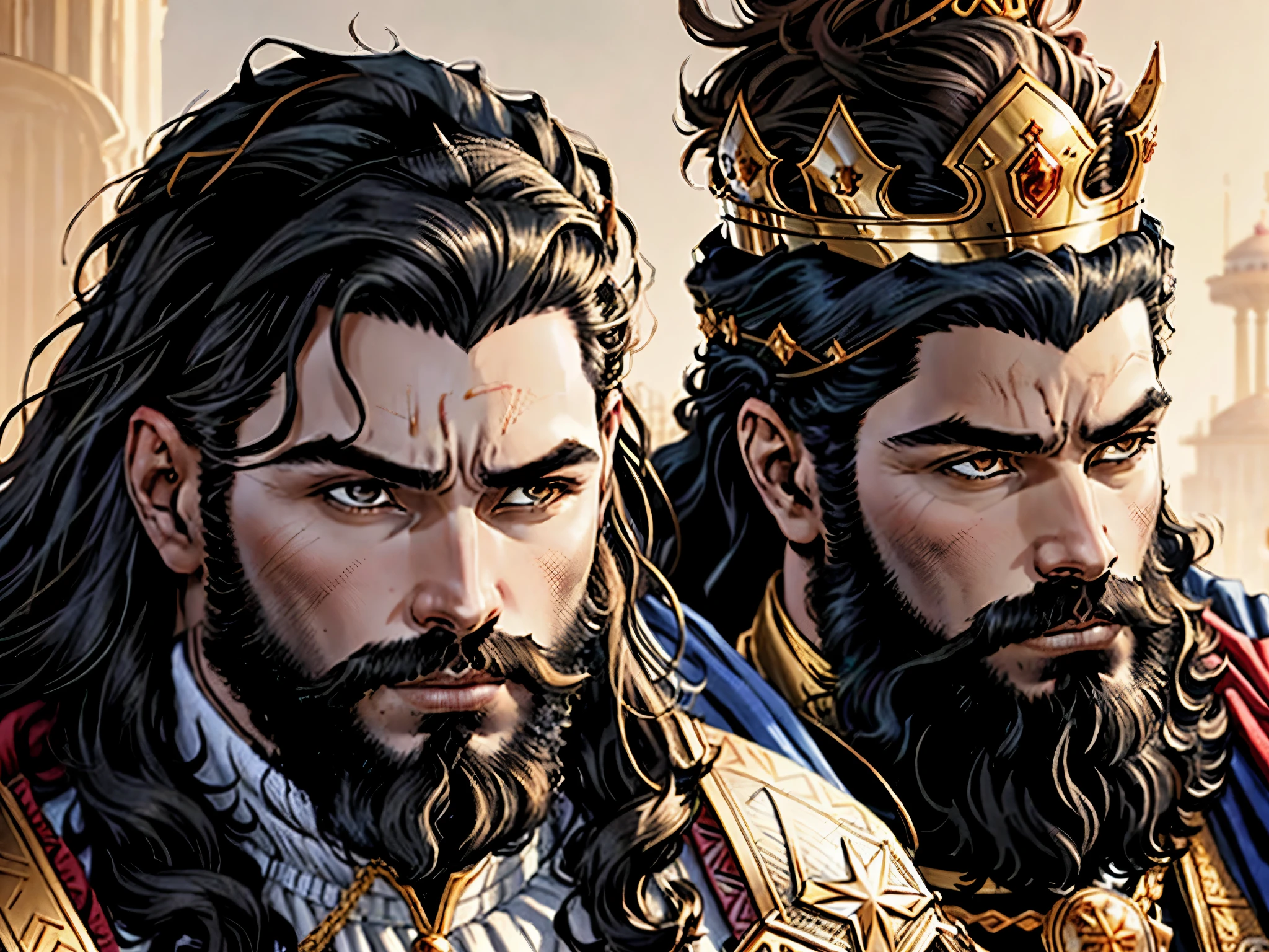 a king with a beard and black hair with a crown on his head looking forward. In the background there is another king looking forward.