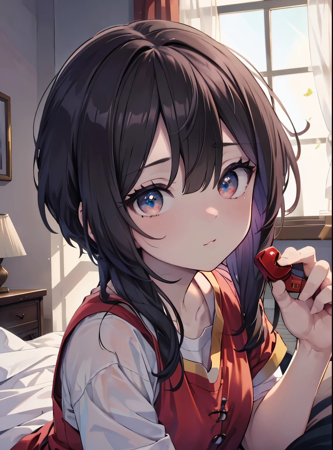 8k,highest quality,masterpiece,1 girl, alone, red eyes, looking at the viewer, heart   1 girl,T-shirt,black string underwear,barefoot, Megumin, Megumin　KonoSuba, black hair,short hair,Bedroom， The window is sunlight,covered with a blanket， windows，romantic sunrise，extreme light，Waking up,(masterpiece:1.2), highest quality, High resolution, unity 8k wallpaper, (shape:0.8), (beautiful and detailed eyes:1.6), highly detailed face, perfect lighting, Very detailed CG, (perfect hands, perfect anatomy),