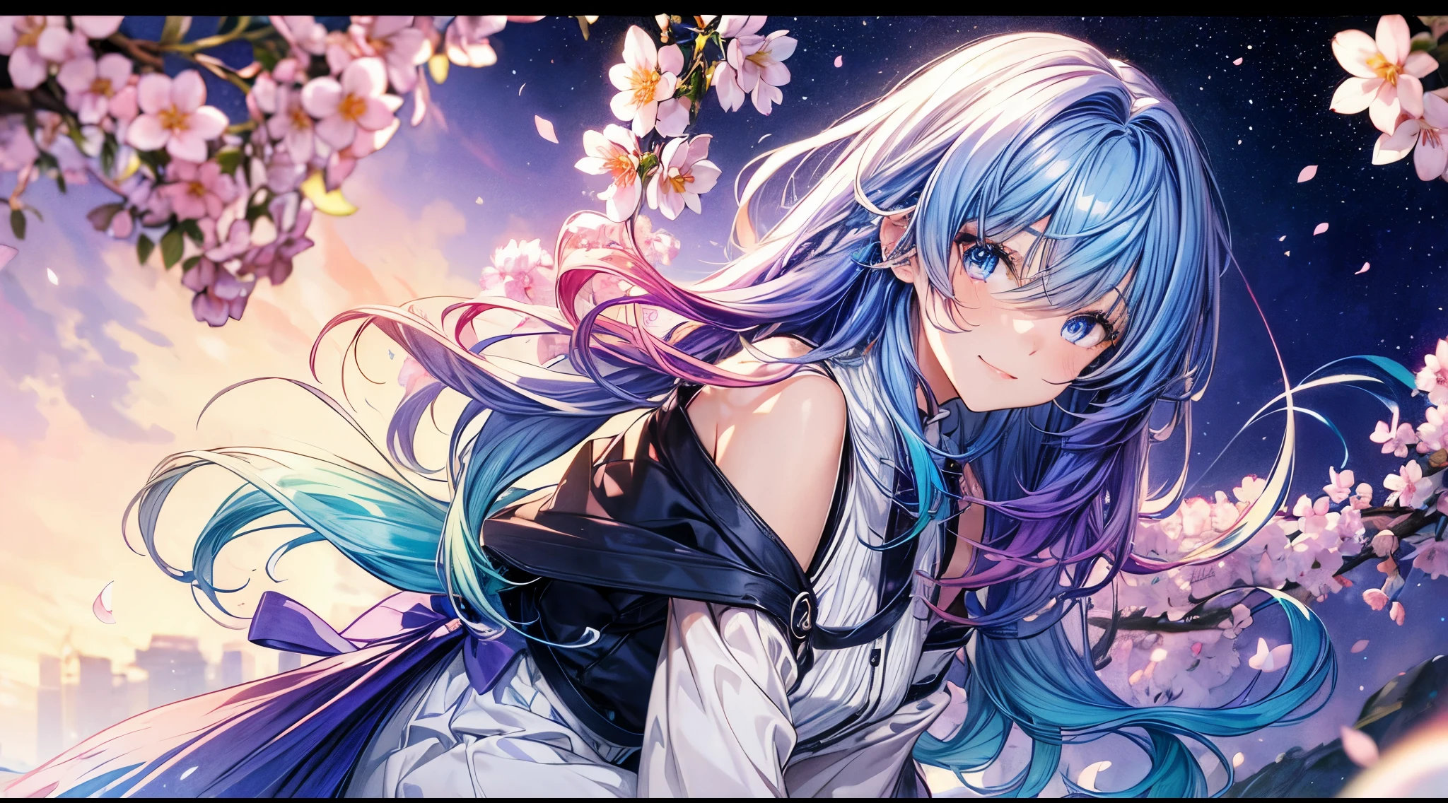 (gradient hair:1.6), dutch angle, film grain, chromatic aberration, starry sky, masterpiece, best quality, raw photo, photorealistic, absurdres, 1girl, cute, perspective, cowboy shot, highres, ultra detailed, finely detail, detailed eyes and face, sharp pupils, realistic pupils, sharp focus, summer, (white long dress:0.6), smiling at viewer Hearts, cute women with blue and purple hair, blue eyes, multicolored butterflies, water, cherry blossoms 