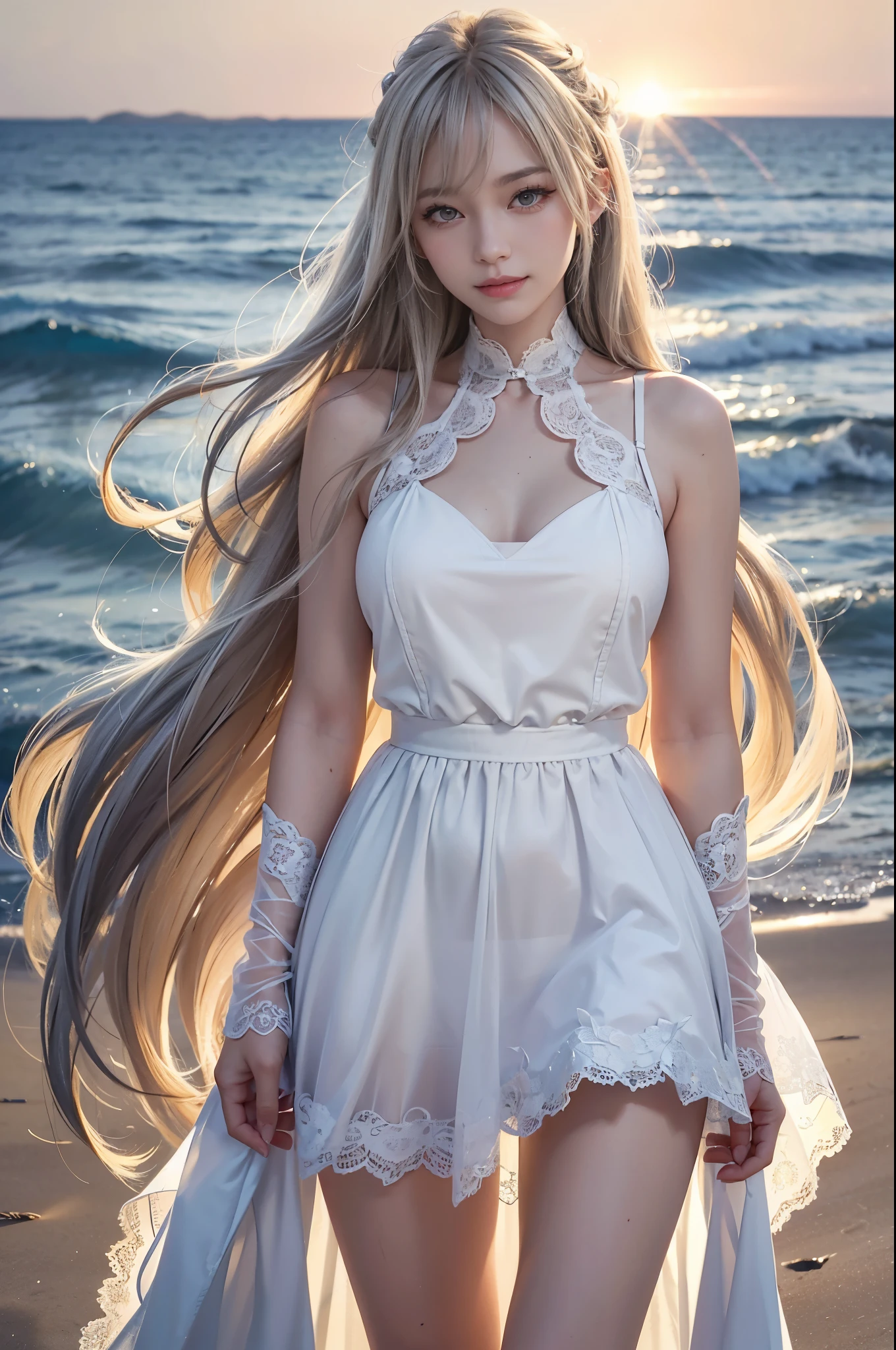 1girl in, Blonde hair, Grey Hair, Long hair, Bangs, Sparkling eyes, longeyelashes, PUPILS SPARKLING, makeup, Smile, depth of fields, From below, silhuette, from behind, Wide Shot, wide angles, ultra wide-angle,、 F/1.8, 135 mm, canon, nffsw, retinas, masutepiece, ccurate, Anatomically correct, Textured skin, Super Detail, high details, High quality, Best Quality, hight resolution, 1080p, hard disk, 4K, 8K、（Woman walking on the beach at sunset）Backlit silhouette、(Translucent white tank top),(Black T-back panties)、((I can see the silhouette of my body through the light)),(Hair fluttering in the wind)、