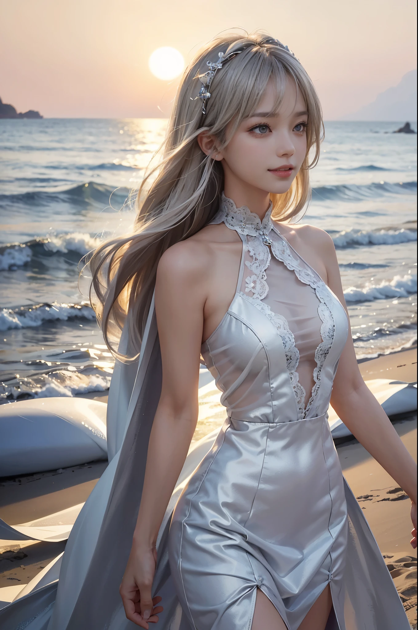 1 girl, blonde hair, gray hair, long hair, bangs, sparkling eyes, long eyelashes, pupils shine, compensate, smile, Depth of bounds written, from below, silhouette, from behind, wide shot, f/1.4, 135mm, canon, nffsw, retina, Accurate, anatomically correct, rough skin, Super detailed, advanced details, high quality, 最high quality, High resolution, 8K, (Woman walking on the beach at sunset), 逆光のsilhouette, (transparent white lace dress), ((光を通して体のsilhouetteが見える)), (hair blowing in the wind), (Skirt soars in the wind)