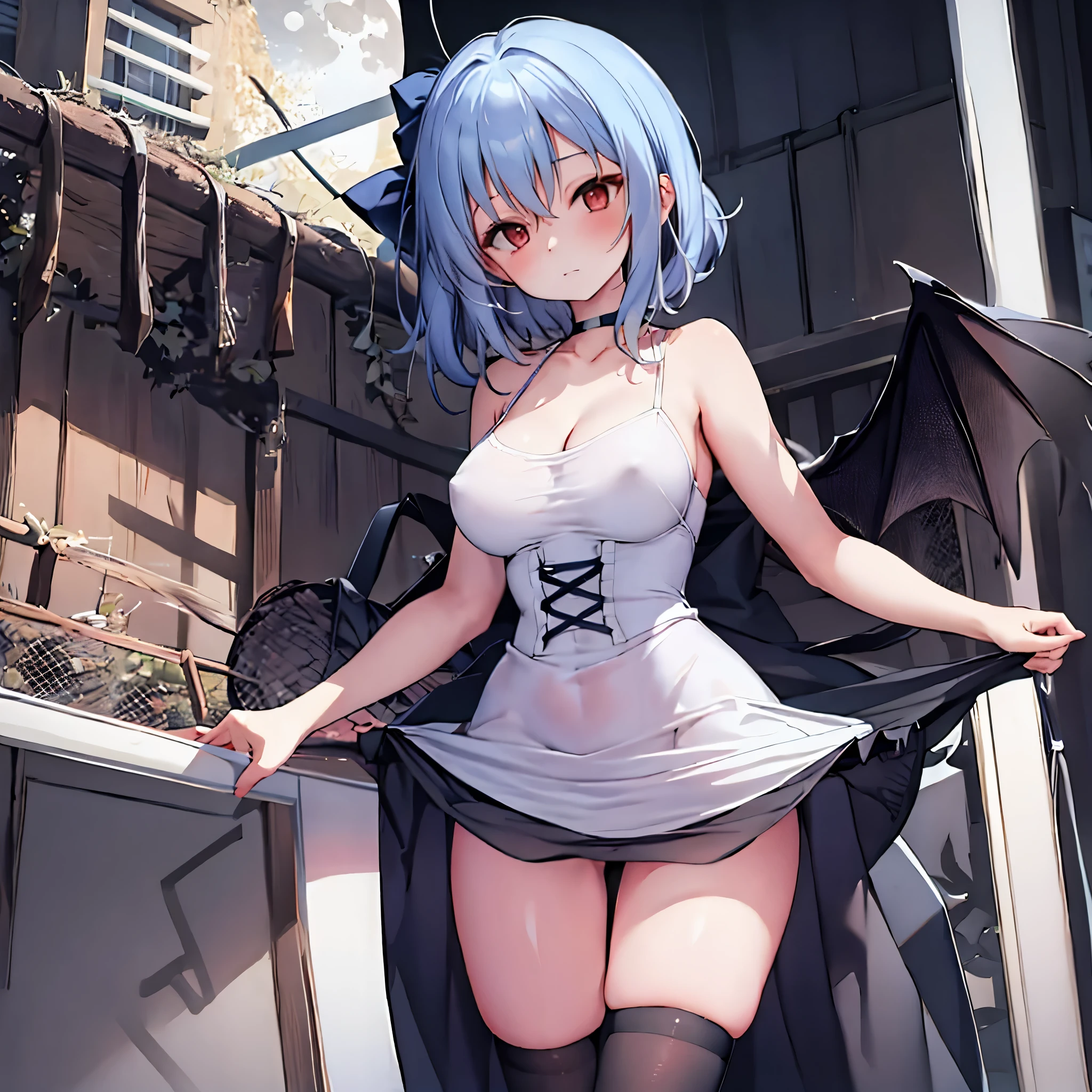 Remilia toho character, (solo), (standing on deck of mansion:1.1), a full moon, BREAK, collarbone, large perky breasts, cleavage, (inconceivably thin waist), (very short thin torso:1.2), very long thin legs, thigh gap, BREAK, white dress with (plunging neckline), (brown wiry corset cinches waist too tight:1.3), too short white miniskirt, (light blue thighhighs), BREAK, nose blush