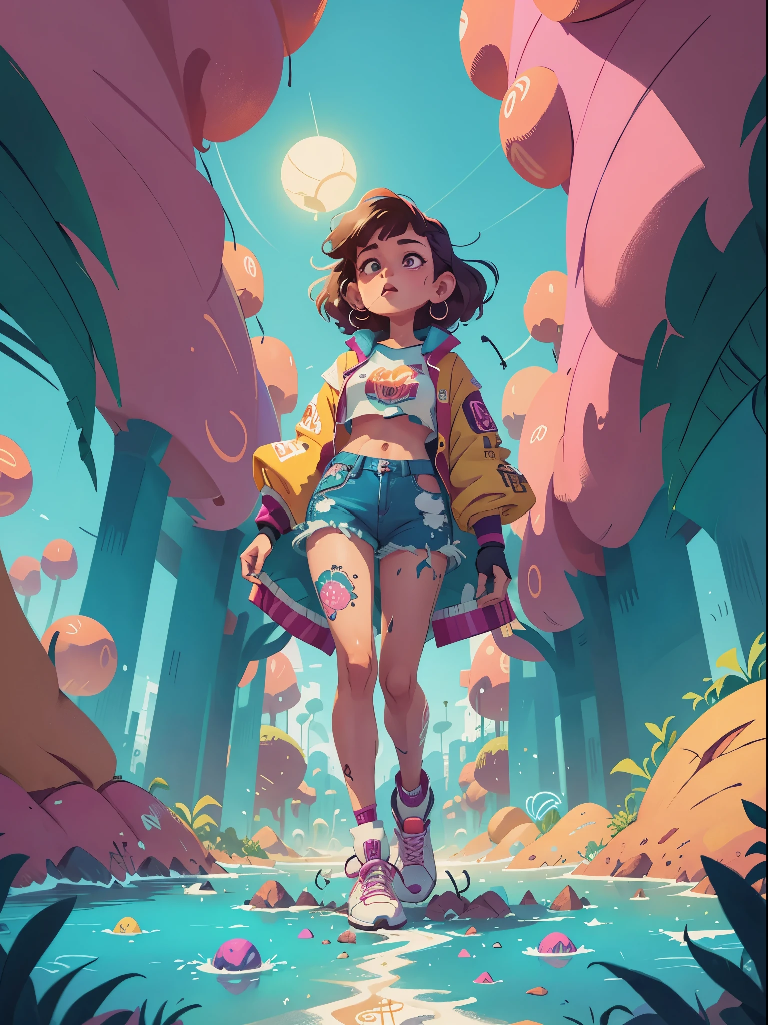 A vibrant and graffiti-inspired Spiritual, Surreal & Psychedelic Poster art, Synthwave and retrowave background, futuristic design, wave music, 80s styled Surreal landscape, detail in a vector flat illustration.