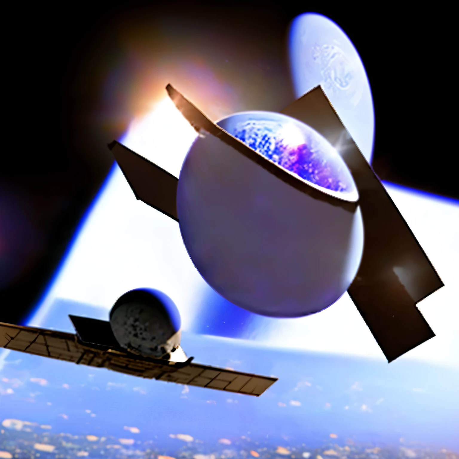 a capsule leaving planet earth with. um fundo meio roxo, heading towards another planet,