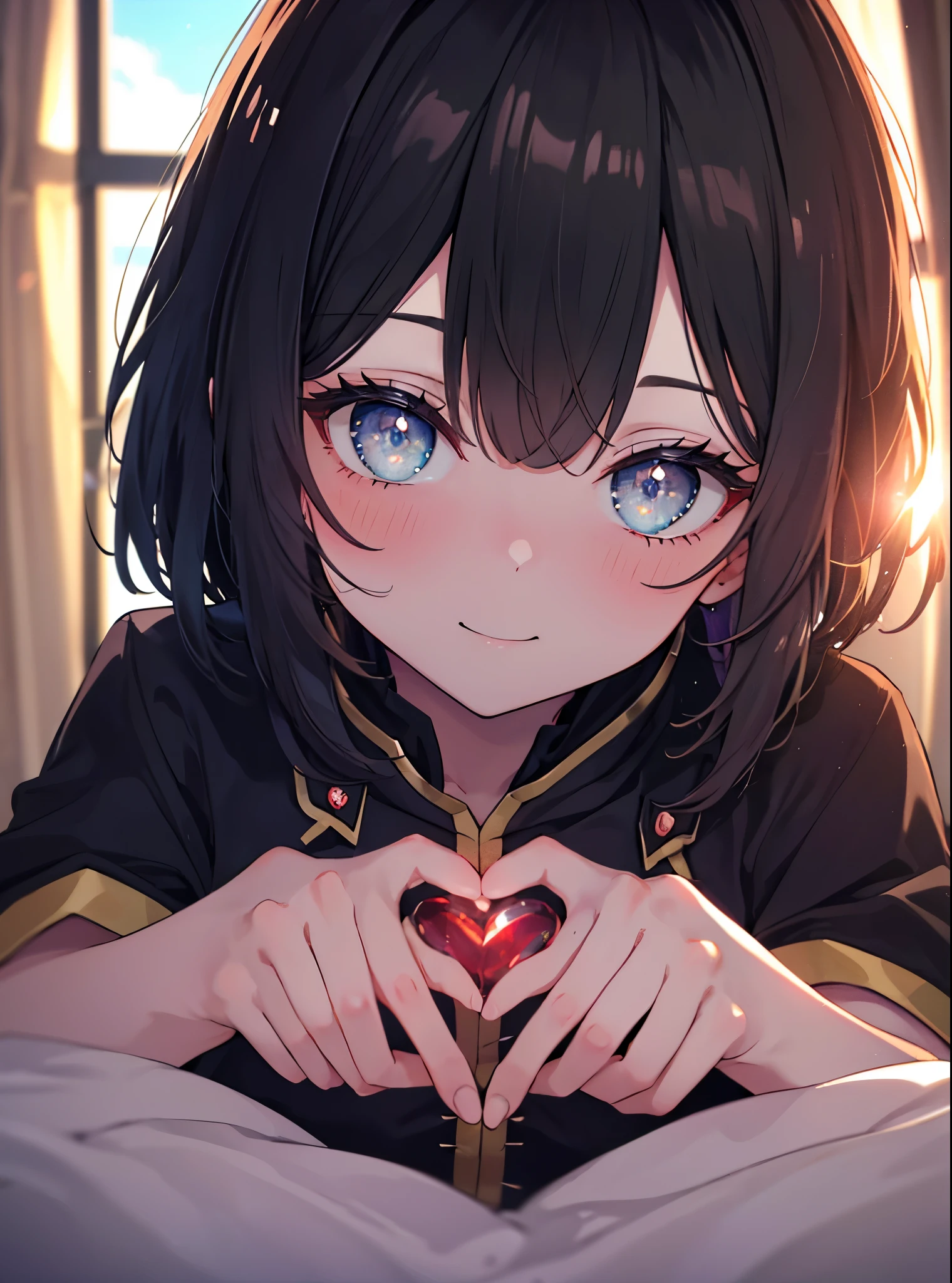 8k,highest quality,masterpiece,1 girl, alone, red eyes, looking at the viewer, heart   1 girl,T-shirt,black string underwear,barefoot, Megumin, Megumin　KonoSuba, black hair,short hair,Bedroom,smile,blush,The window is sunlight,covered with a blanket， windows，romantic sunrise，extreme light，Waking up,(masterpiece:1.2), highest quality, High resolution, unity 8k wallpaper, (shape:0.8), (beautiful and detailed eyes:1.6), highly detailed face, perfect lighting, Very detailed CG, (perfect hands, perfect anatomy),