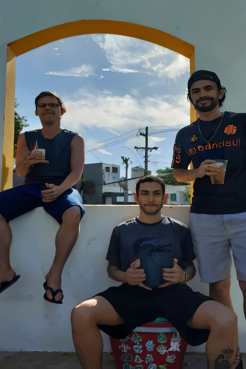 three men sitting on a wall with a bucket of drinks, vacation photo, paul pepera pablo roldan, no telhado, relaxing after a hard day, sits em um telhado, foto de baixa qualidade, taken at the beginning of 2020, competition winner, Lucas Graziano, Basic photo, postagem no reddit, suns, em um telhado, uncut