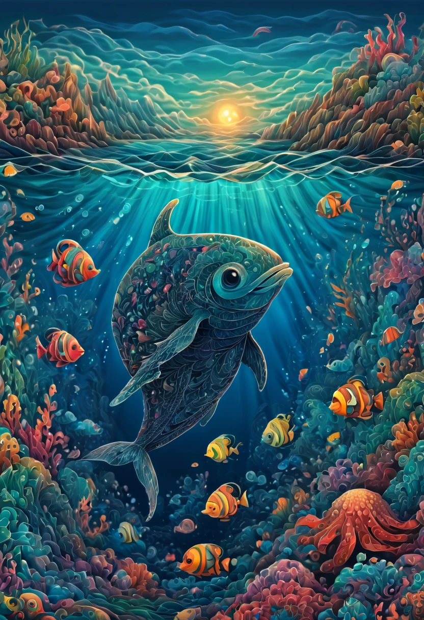 (best quality,ultra-detailed,realistic:1.37), text that says "magical lora", in the ocean, zentangle, full colored, 3d crunch,