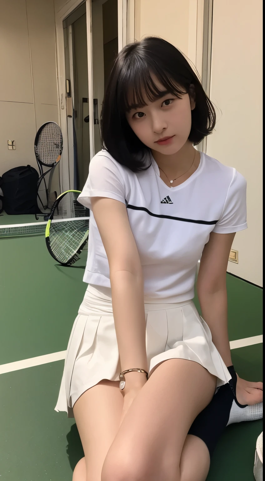 ((realistic lighting, highest quality, 8K, masterpiece, medium shot: 1.3)), clear focus: 1.2, 1 girl, perfect figure: 1.4, plump bust,((black hair)),((With bangs)),(tennis wear: 1.4), in the gym changing room, Lockers etc. in the background,on the yoga mat、doing physical education sitting,Moderately thin calves,exposed thighs,white ankle-length socks,white sneakers,super fine face, fine eyes, double eyelid,(White pleated mini skirt), open your legs,White panties are visible,Taking a selfie with a black smartphone in his right hand,Your face is hidden by your smartphone
