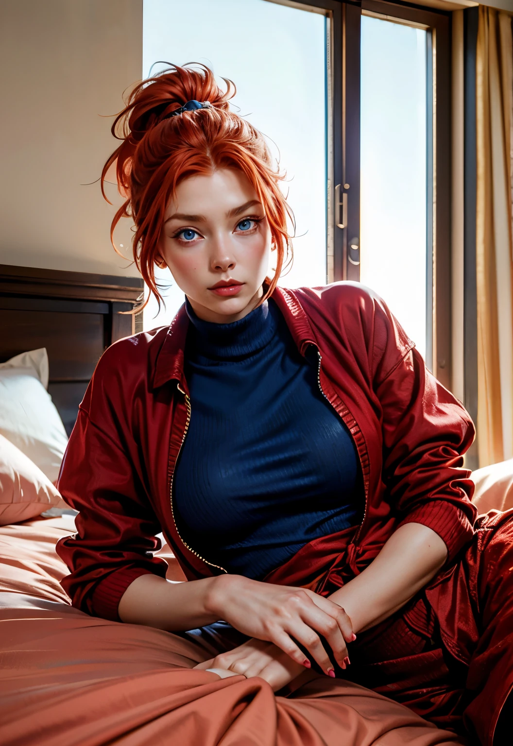 Beautiful redhead with blue eyes, ponytail, red clothes, beautiful, sad, in bed