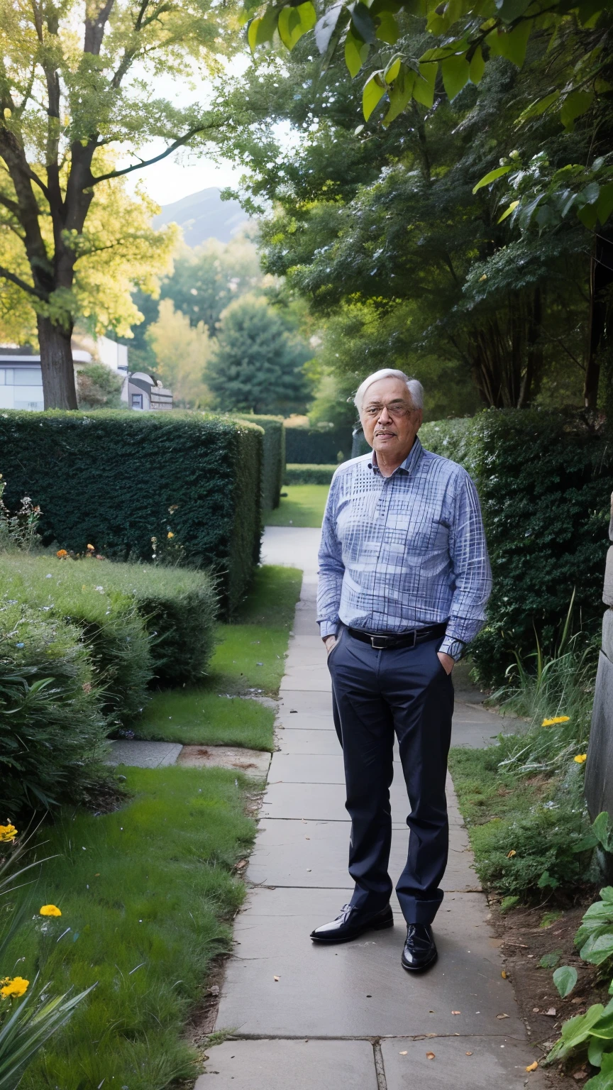 An elderly man stands tall. He's wearing a light blue plaid shirt. Dark pants. Black shoes. Stands on granite paving slabs. Granite borders along the edges. Behind the Mountains. trees. brook.Stones.grass.violet flowers.daisies. Playing with light