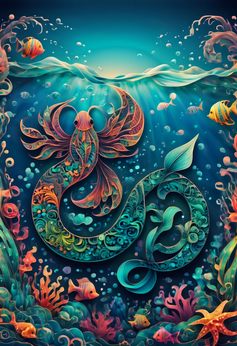 (best quality,ultra-detailed,realistic:1.37), text that says "magical lora", in the ocean, zentangle, full colored, 3d crunch,