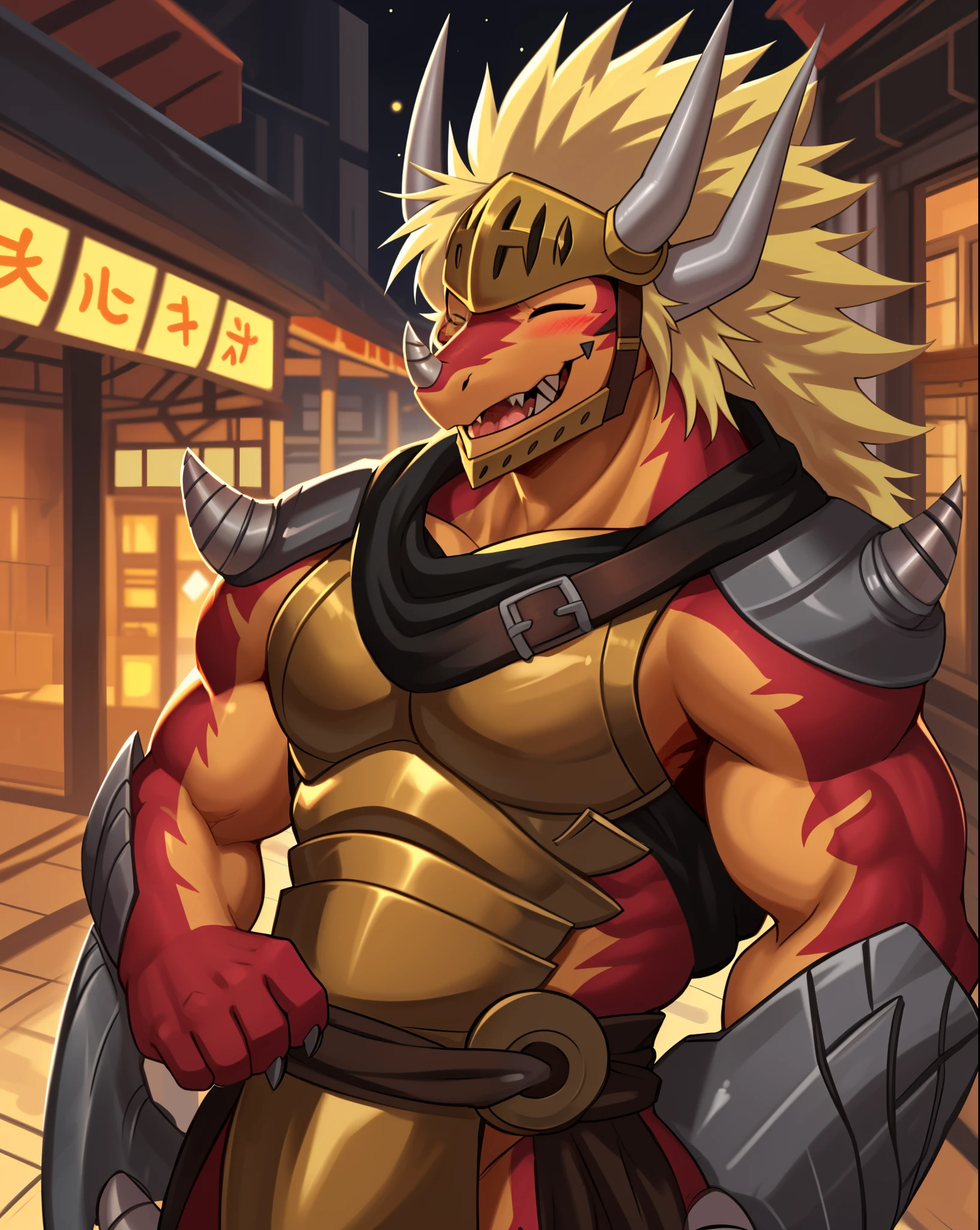 drum bunker dragon, helmet, anthro, dragon, male, armor, solo, horn, claws, scalie, blonde hair, muscular,
bust portrait, one eye closed, laugh, blush,
kemono, detailed background