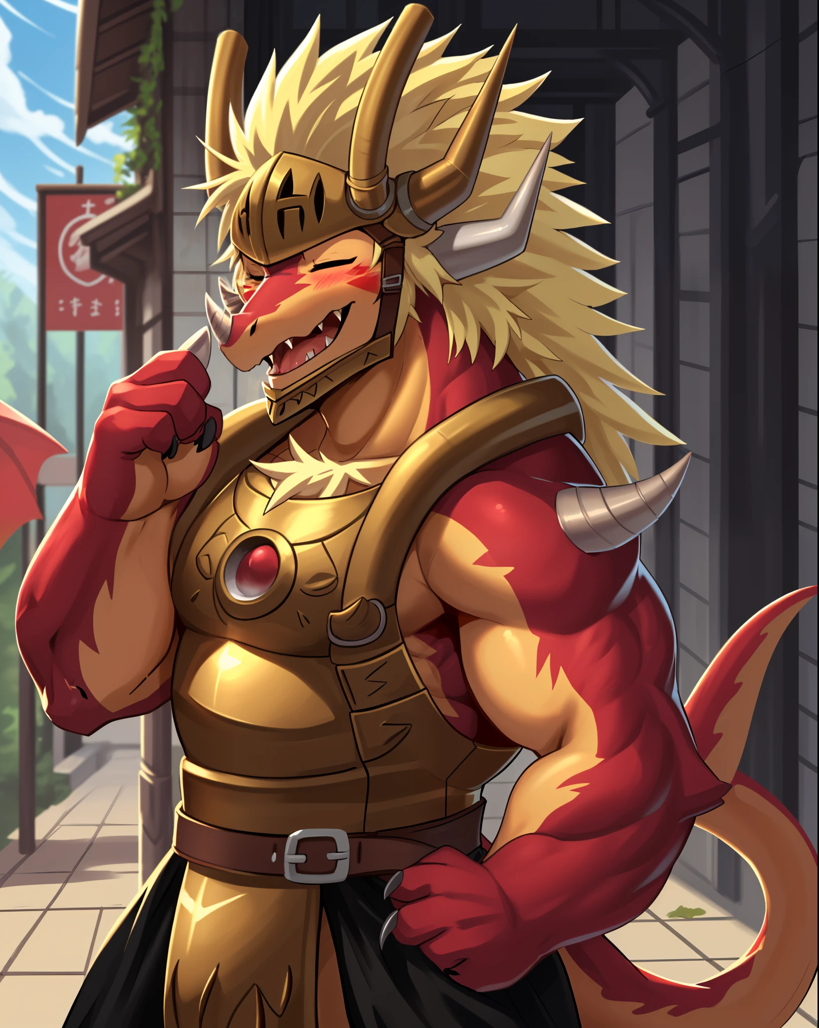 drum bunker dragon, helmet, anthro, dragon, male, armor, solo, horn, claws, scalie, blonde hair, muscular,
bust portrait, one eye closed, laugh, blush,
kemono, detailed background