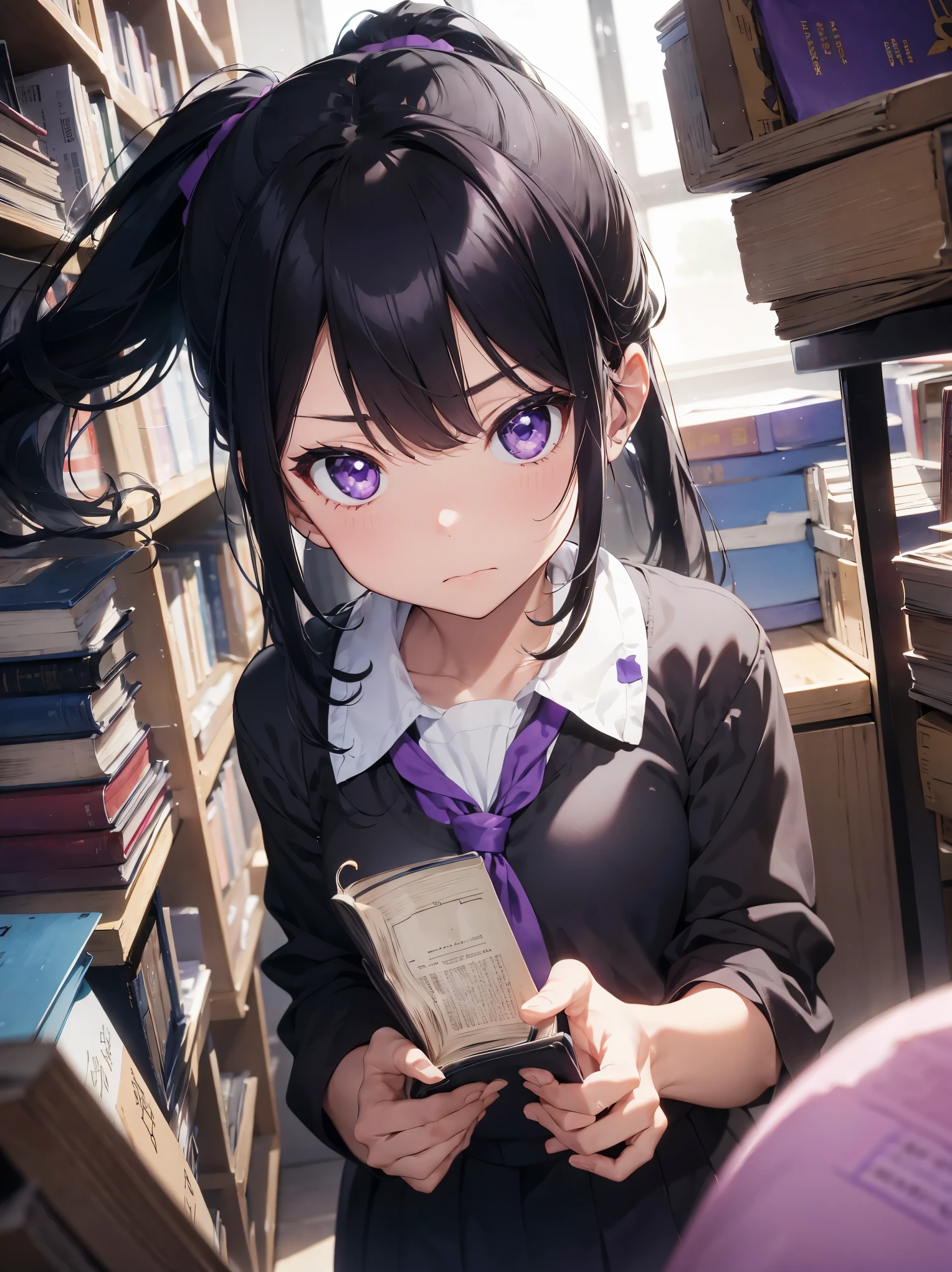, black hair、ponytail, purple eyes, blue school uniform, frown, read ancient texts、Book, masterpiece, high quality