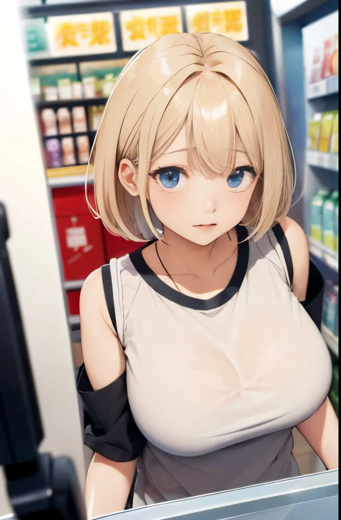 masterpiece、highest quality、be familiar with、1 female、18-year-old、blue eyes、blonde、black skin、(((oil skin))),shiny skin, short hair、特大の無地Tシャツを着た女の子、Shoulders are out、Seductive thighs、big breasts、big breasts、A woman went shopping、Angle from above、embarrassed face、from the front、upward glance、background bokeh、In front of the convenience store cashier counter、A girl who came to buy condoms、Place condoms and alcohol on the cashier counter、