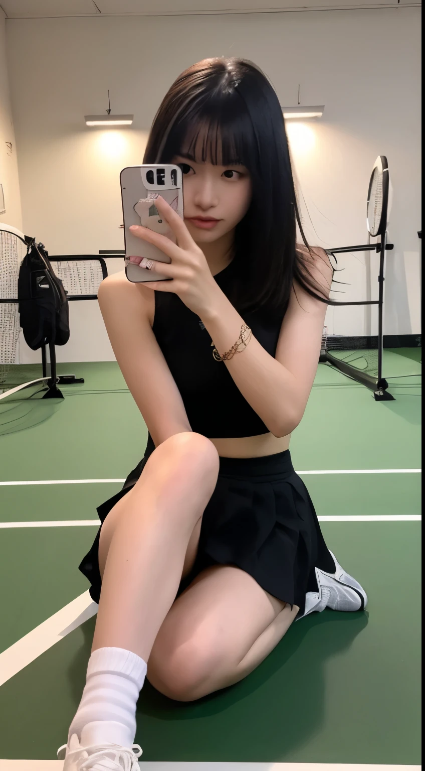 ((realistic lighting, highest quality, 8K, masterpiece, medium shot: 1.3)), clear focus: 1.2, 1 girl, perfect figure: 1.4, plump bust,((black hair)),((With bangs)),(tennis wear: 1.4), in the gym changing room, Lockers etc. in the background,on the yoga mat、doing physical education sitting,Moderately thin calves,exposed thighs,white ankle-length socks,white sneakers,super fine face, fine eyes, double eyelid,(White pleated mini skirt), open your legs,White panties are visible,Taking a selfie with a black smartphone in his right hand,Your face is hidden by your smartphone
